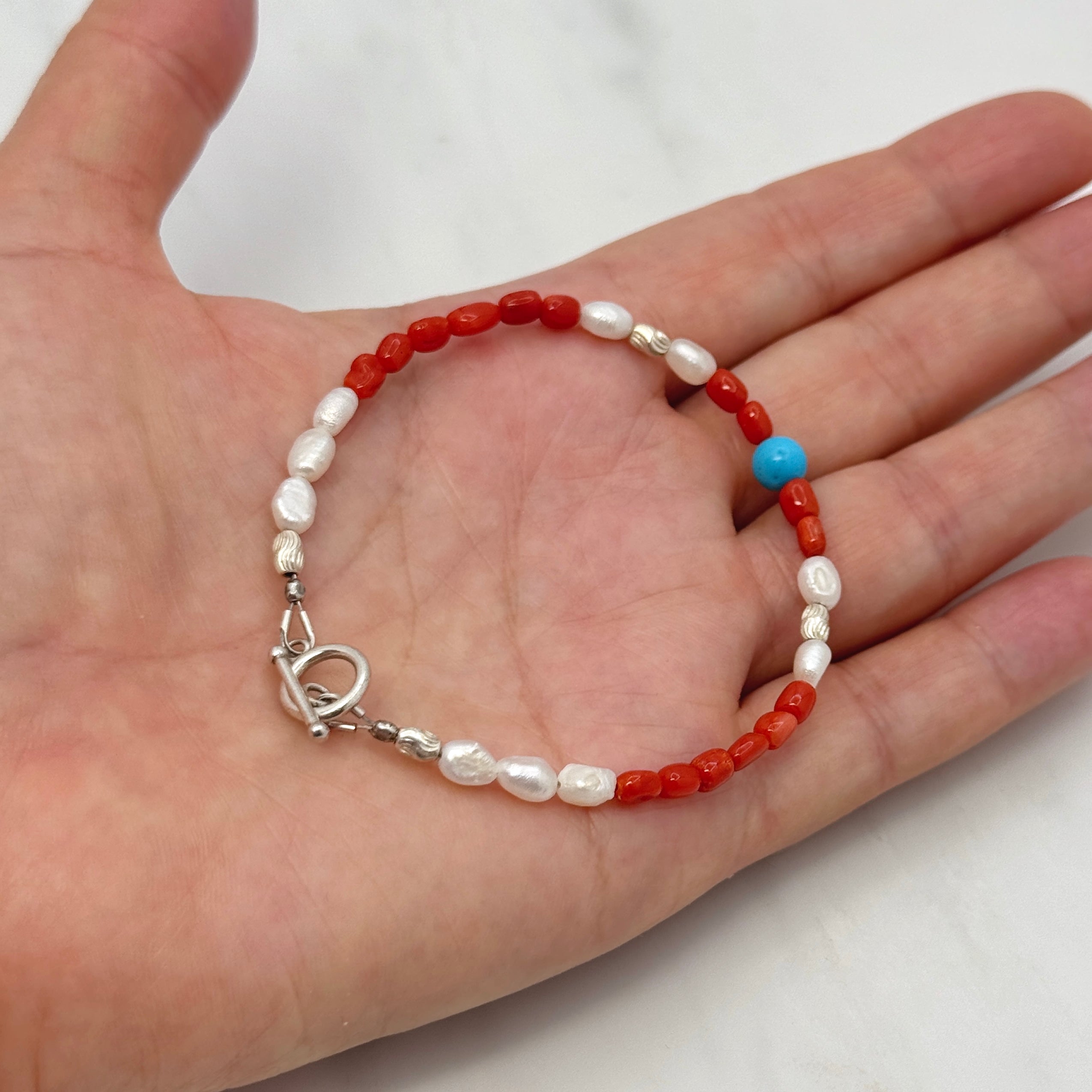 Turquoise, Coral & Pearl 925 Silver Bracelet