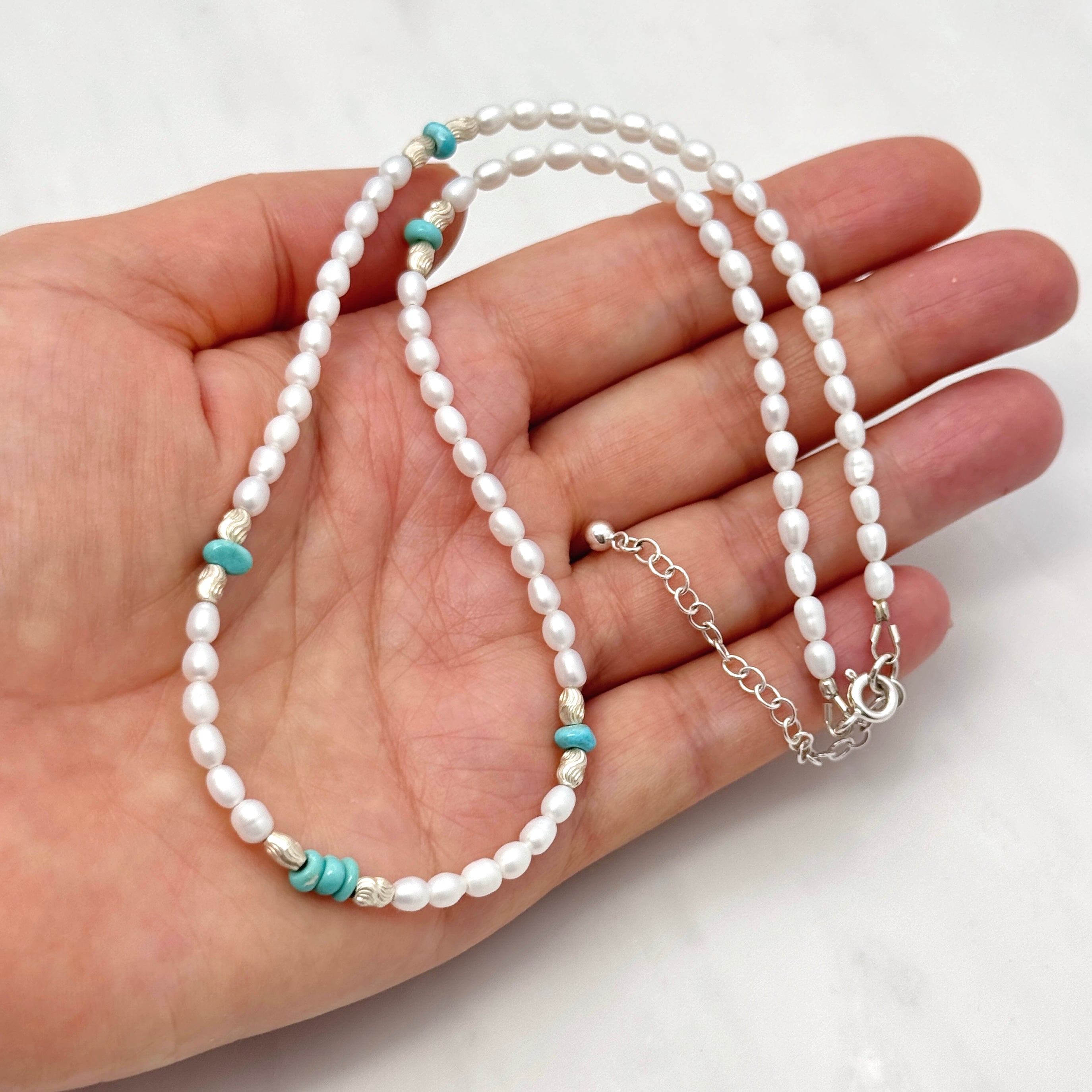 Pearl, Campitos Turquoise, & Silver Necklace