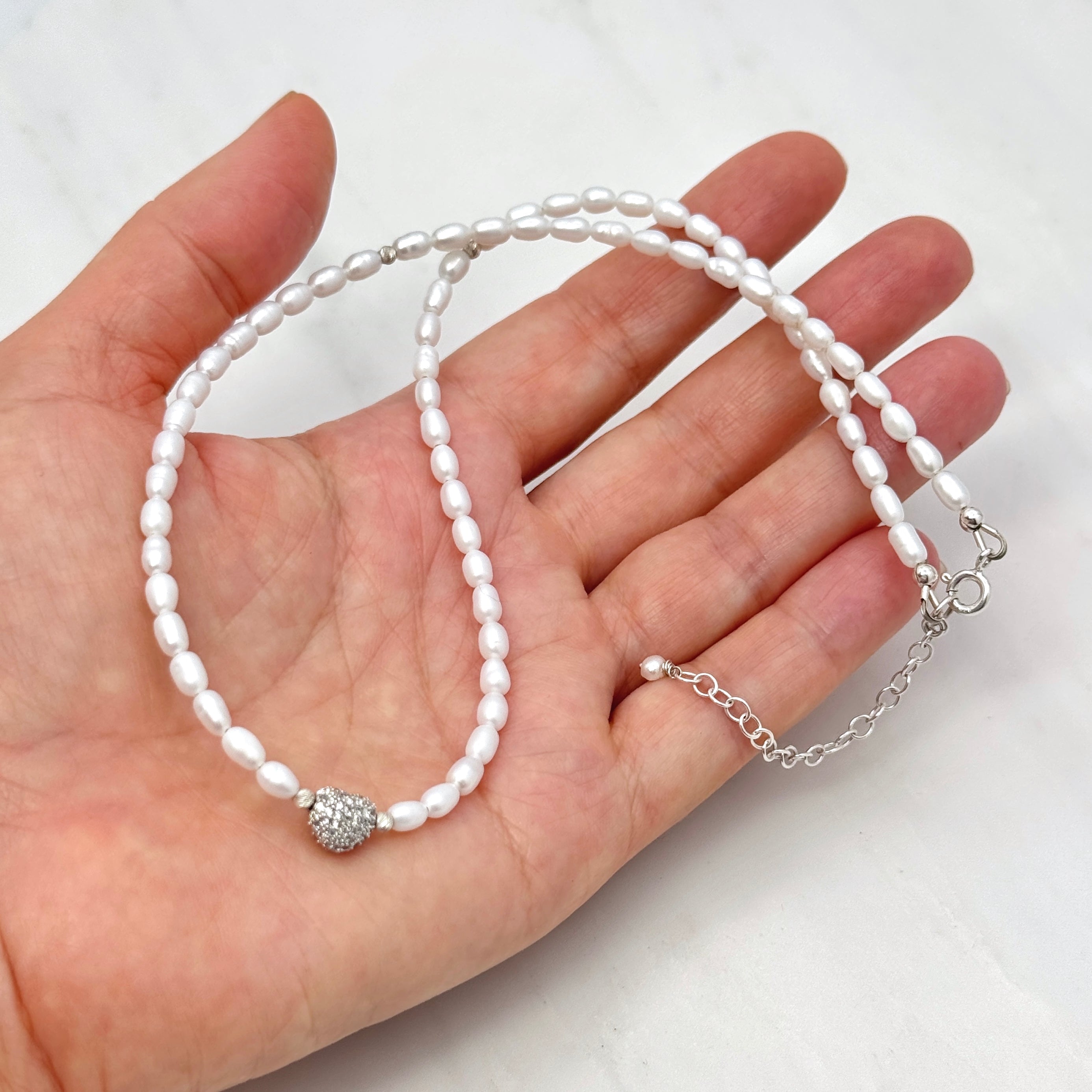 Pearl Necklace With CZ Silver Heart Accent