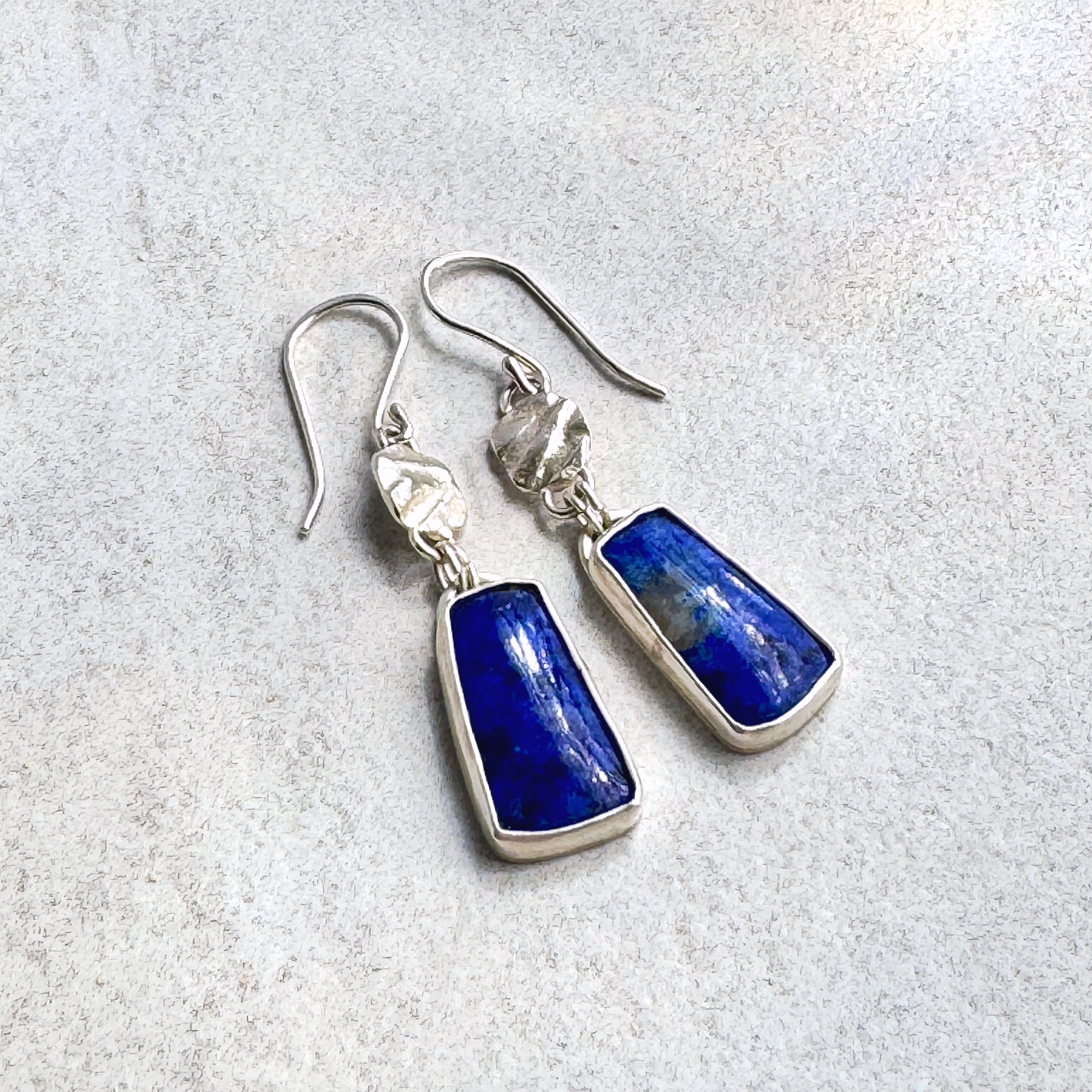 Lapis & Textured 925 Silver Drop Earrings