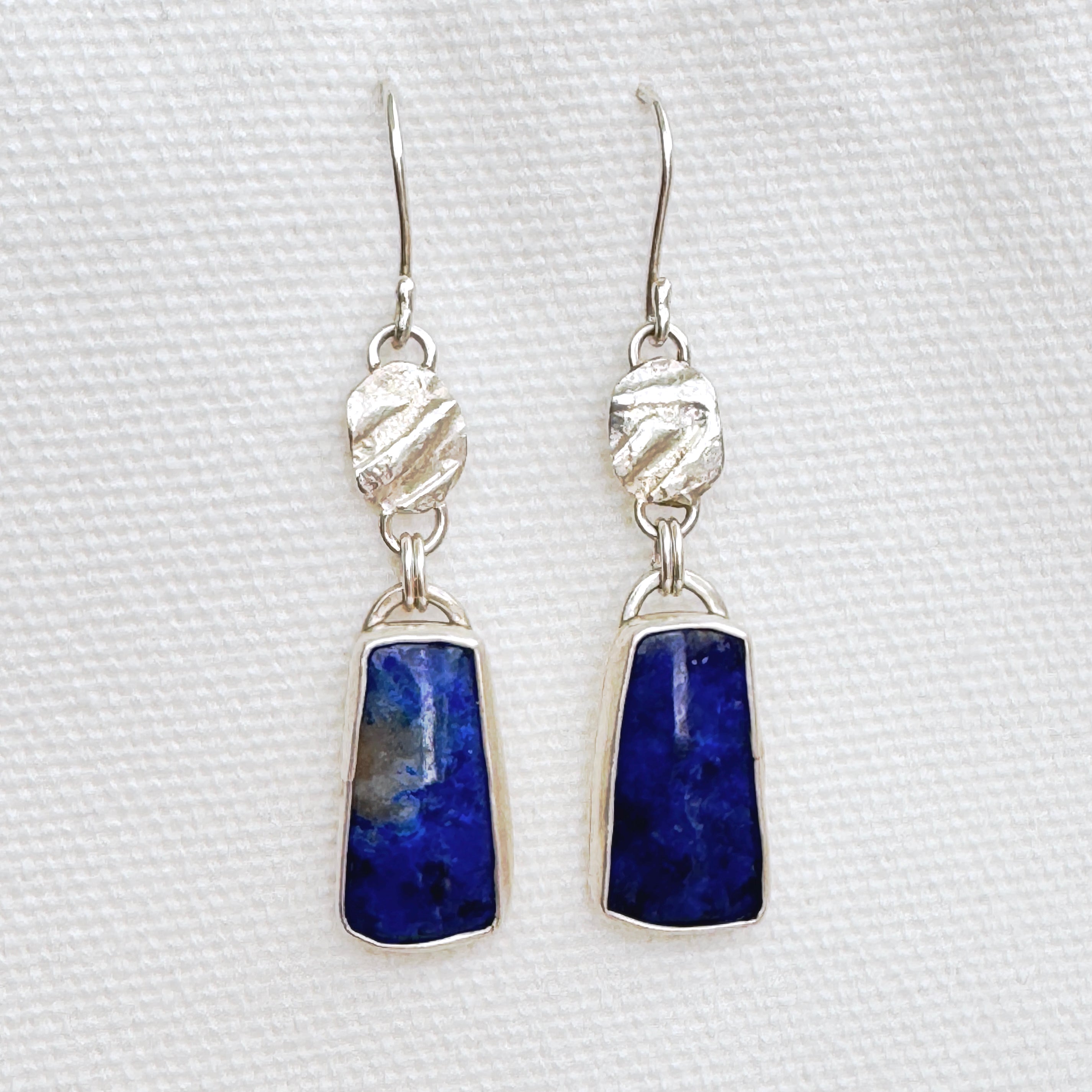 Lapis & Textured 925 Silver Drop Earrings