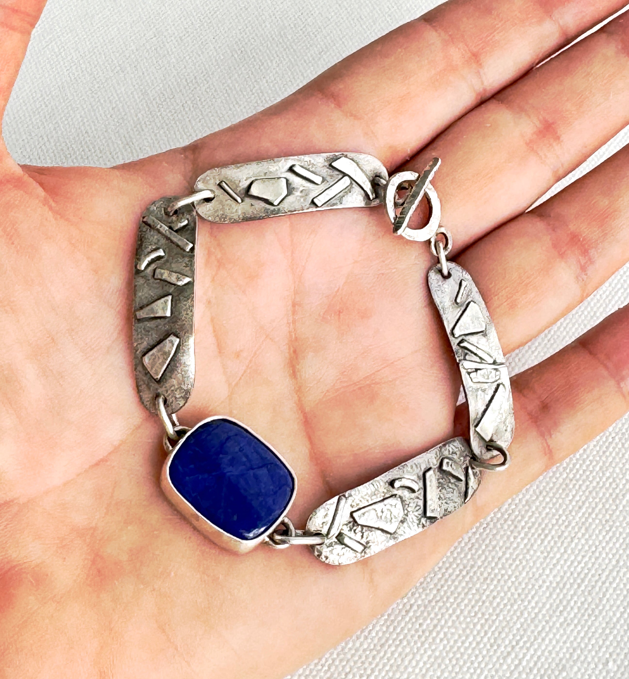 Sterling Silver Lapis Textured Link Bracelet