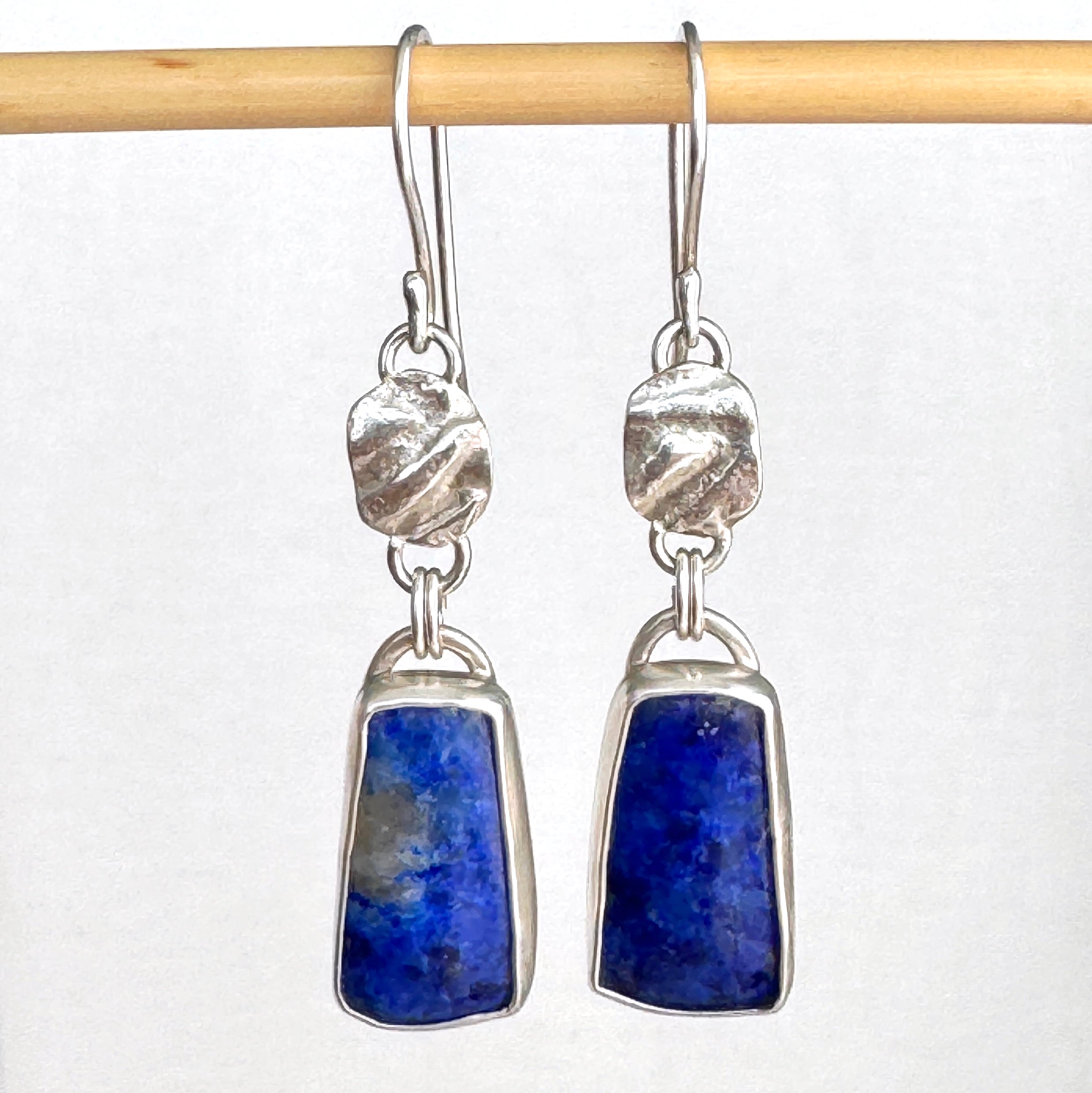 Lapis & Textured 925 Silver Drop Earrings