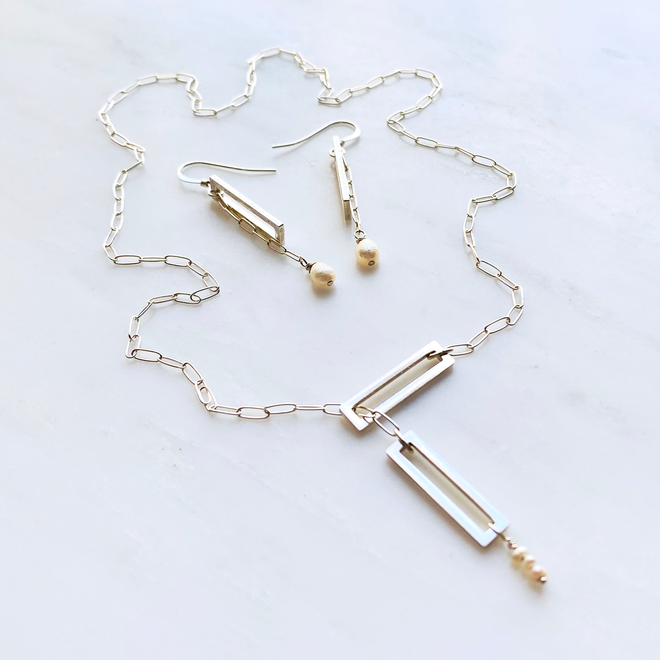 Sterling Silver Paperclip Lariat Pearl Necklace