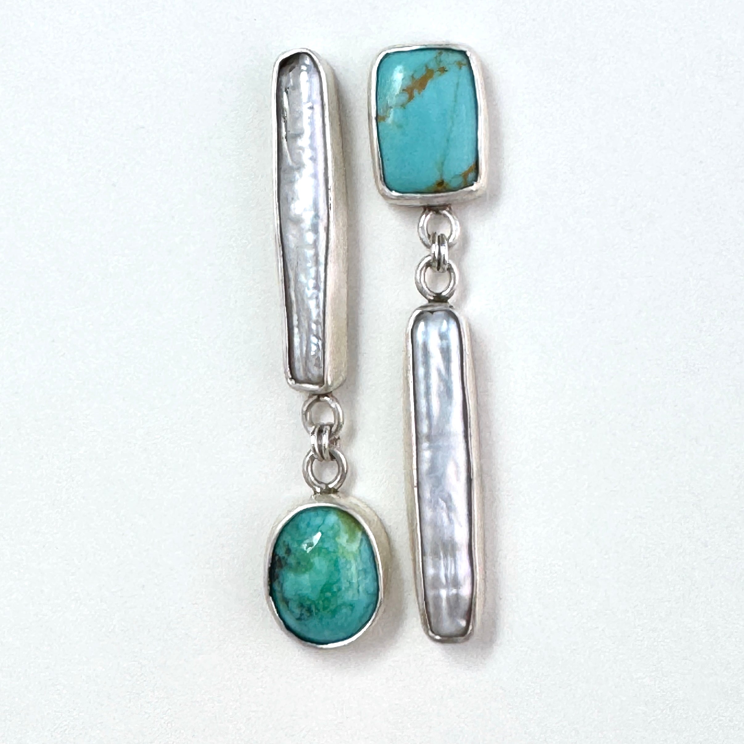 Turquoise & Pearl Asymmetrical Silver Studs