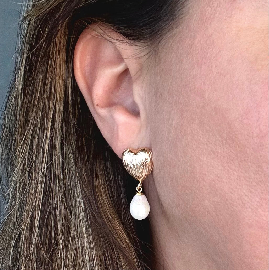 Gold Textured Heart & Pearl Drop Earrings