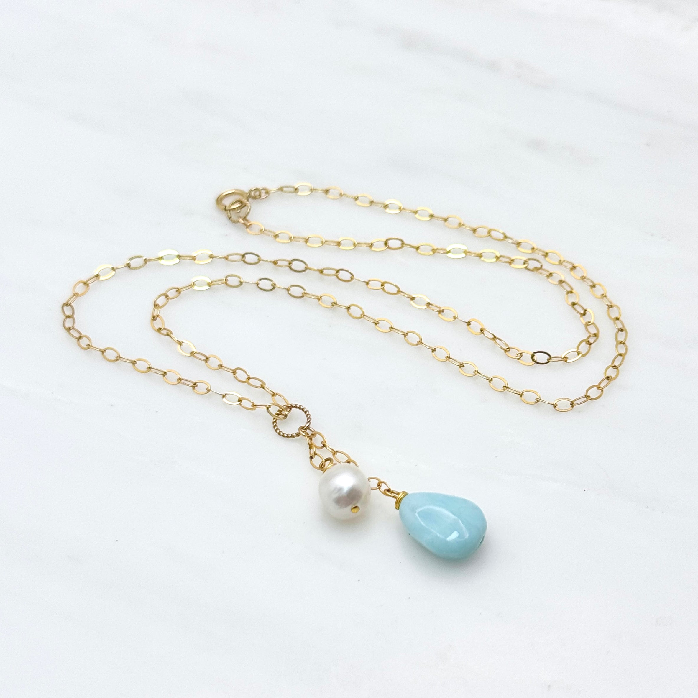 Larimar and Pearl Gold Y Necklace with Charms
