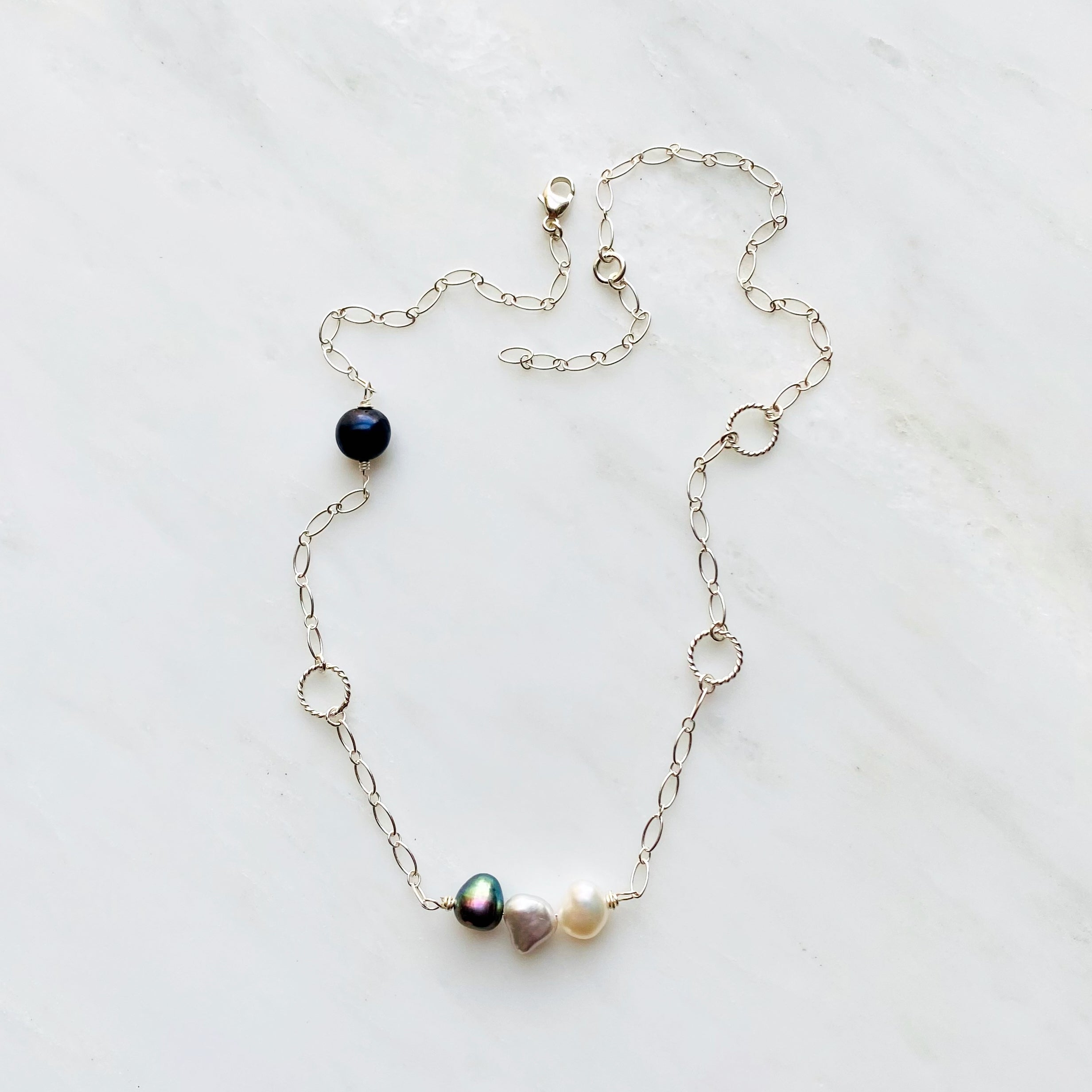 Sterling Silver Long Pearl Chain Necklace
