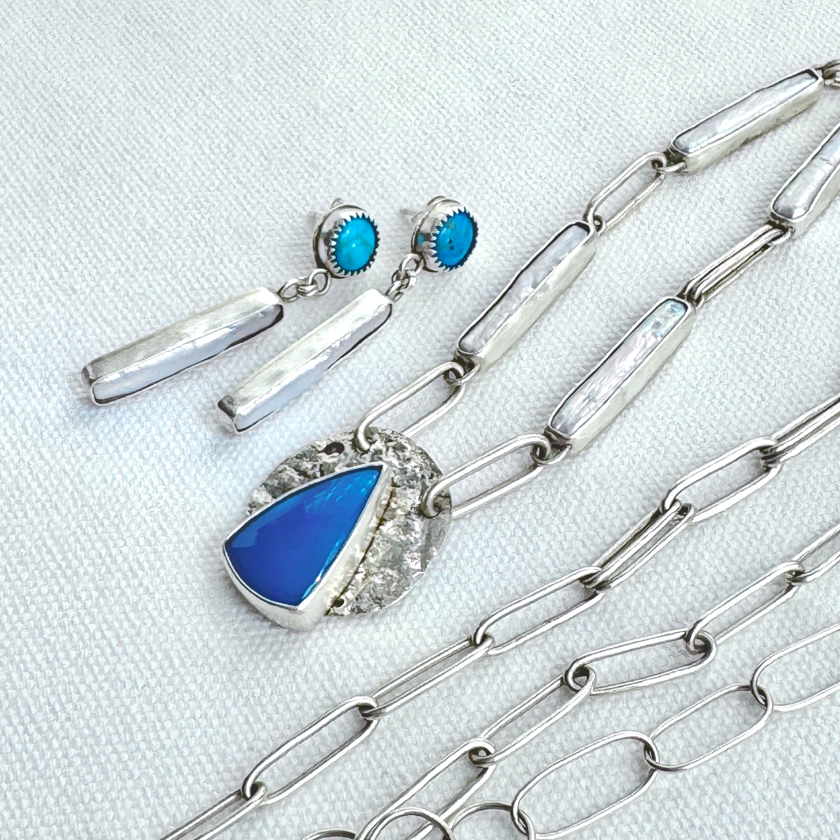 Turquoise & Pearl 925 Silver Link Necklace