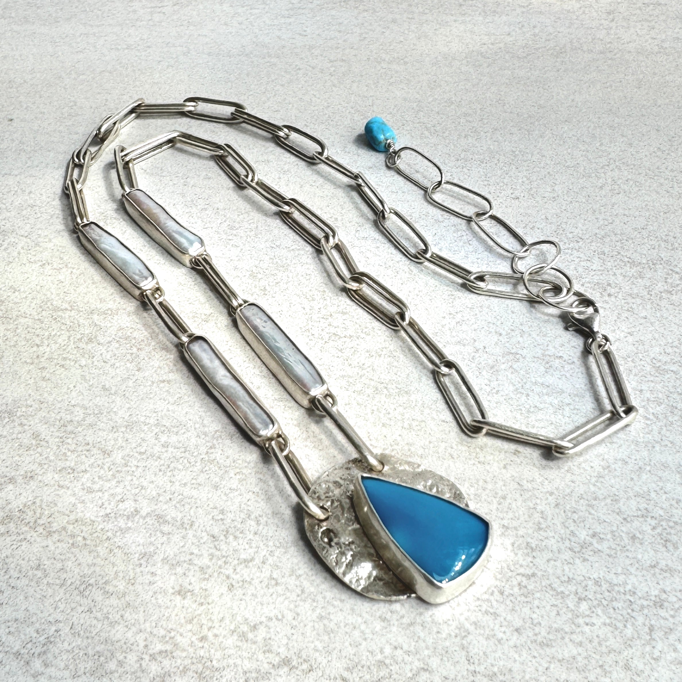 Turquoise & Pearl 925 Silver Link Necklace