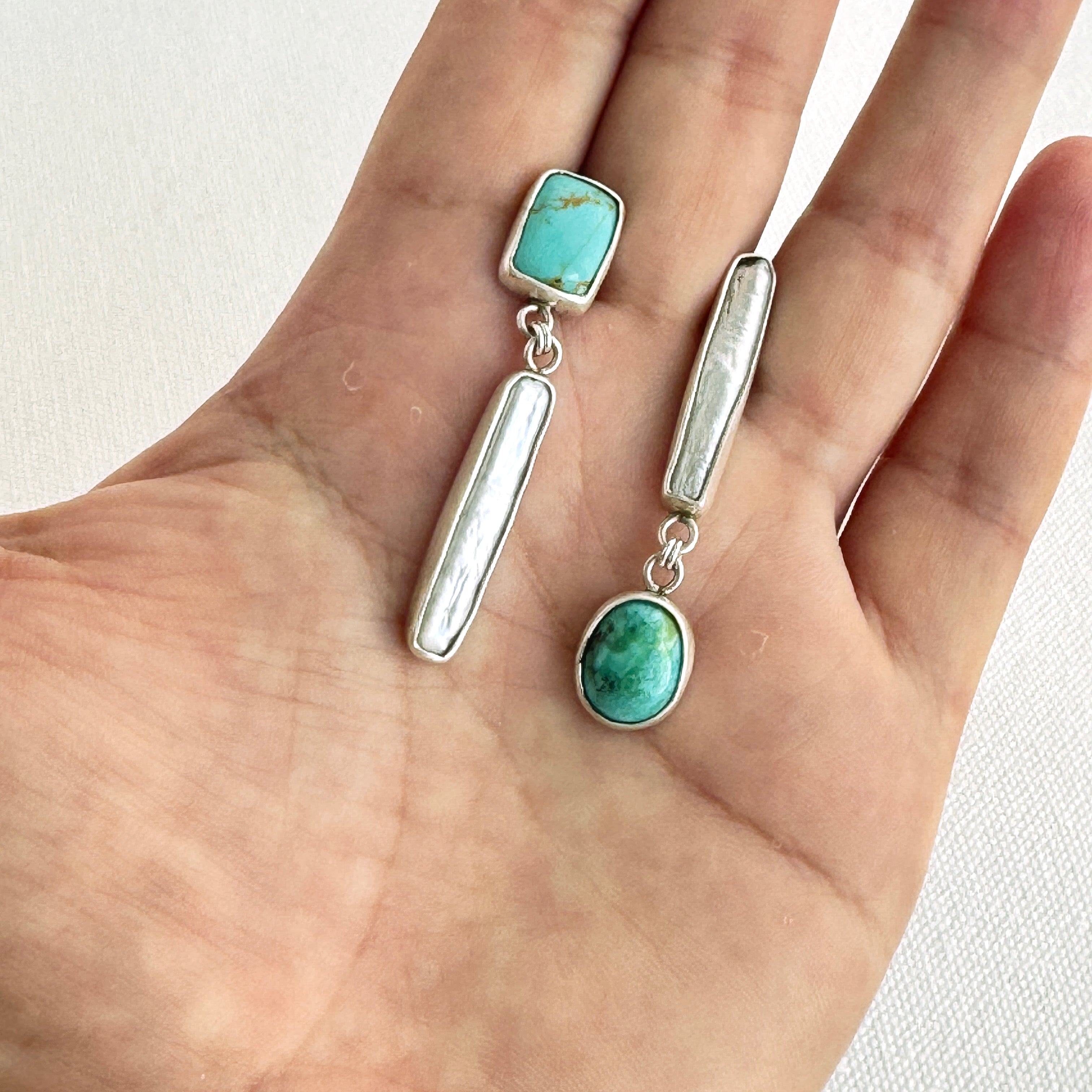 Turquoise & Pearl Asymmetrical Silver Studs