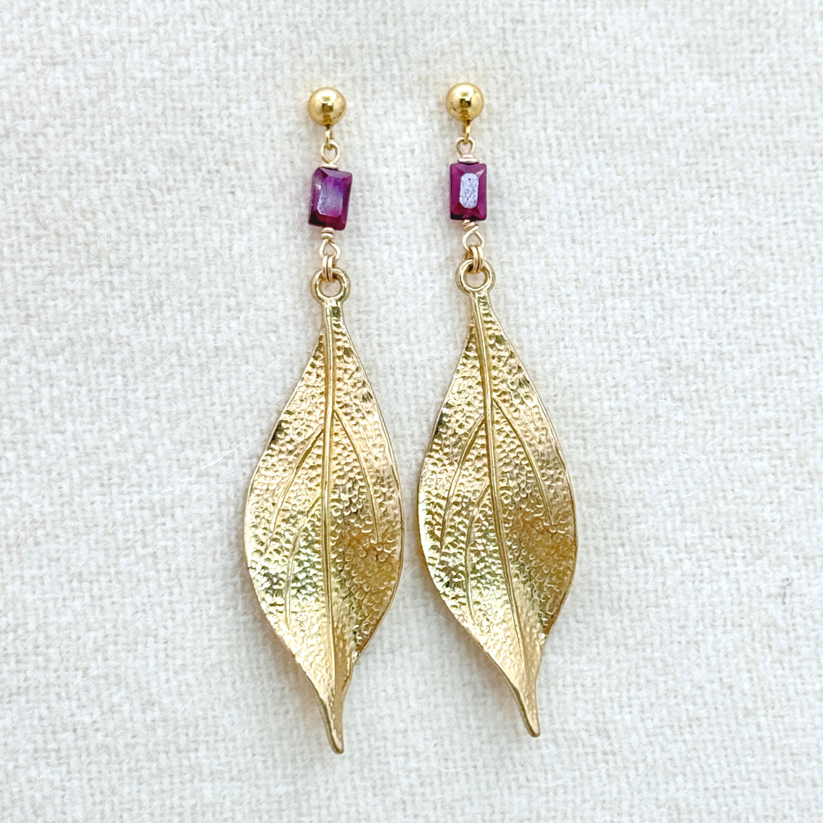 Garnet & Textured Leaf Statement Earrings