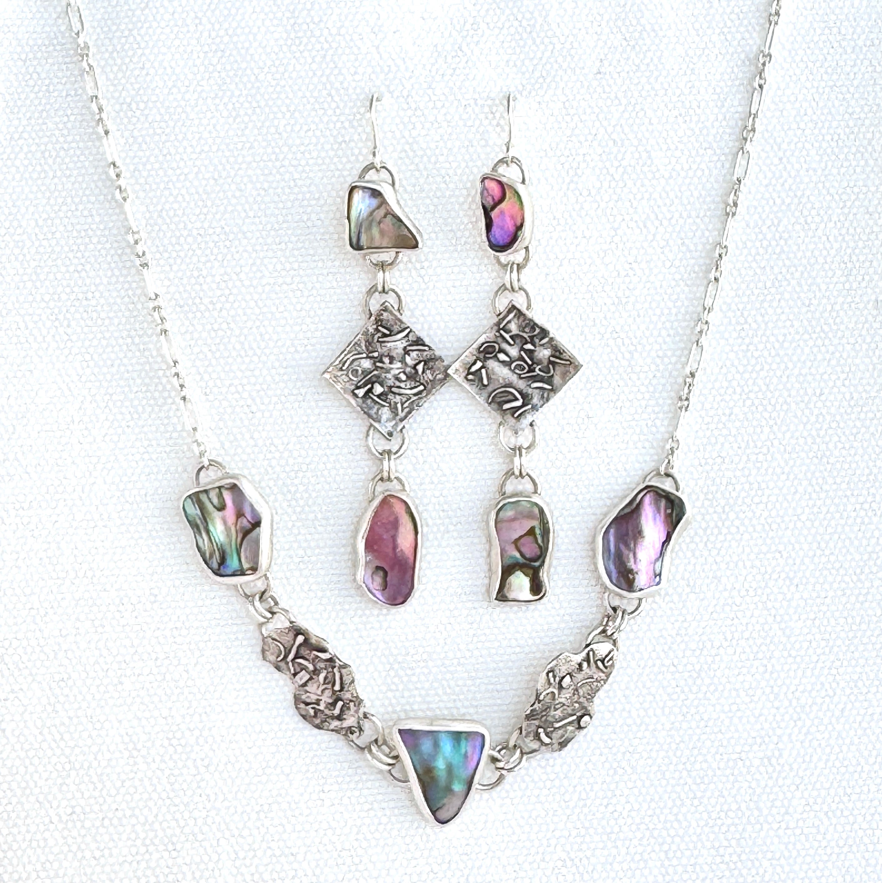 Abalone & Textured 925 Silver Drop Earrings