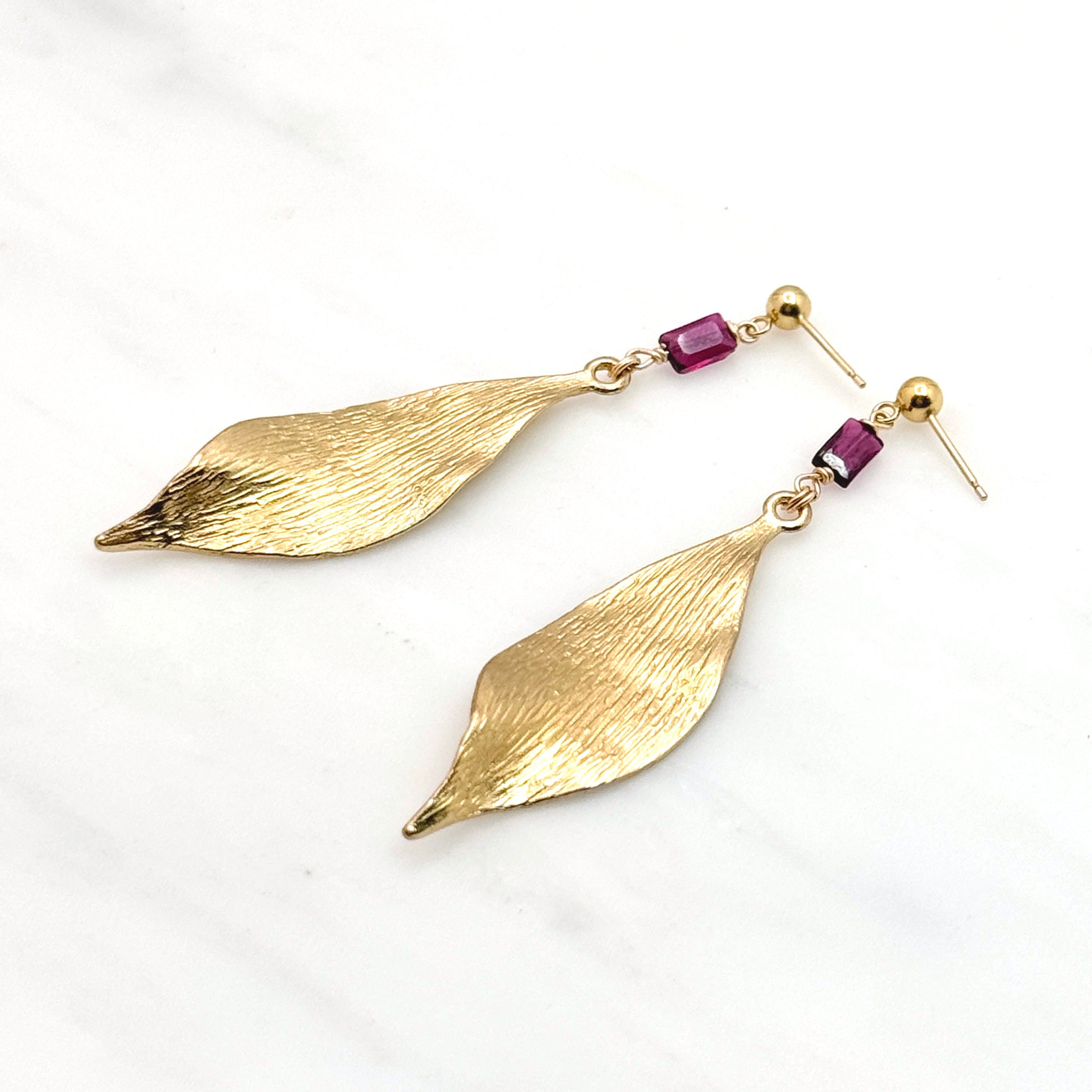 Garnet & Textured Leaf Statement Earrings