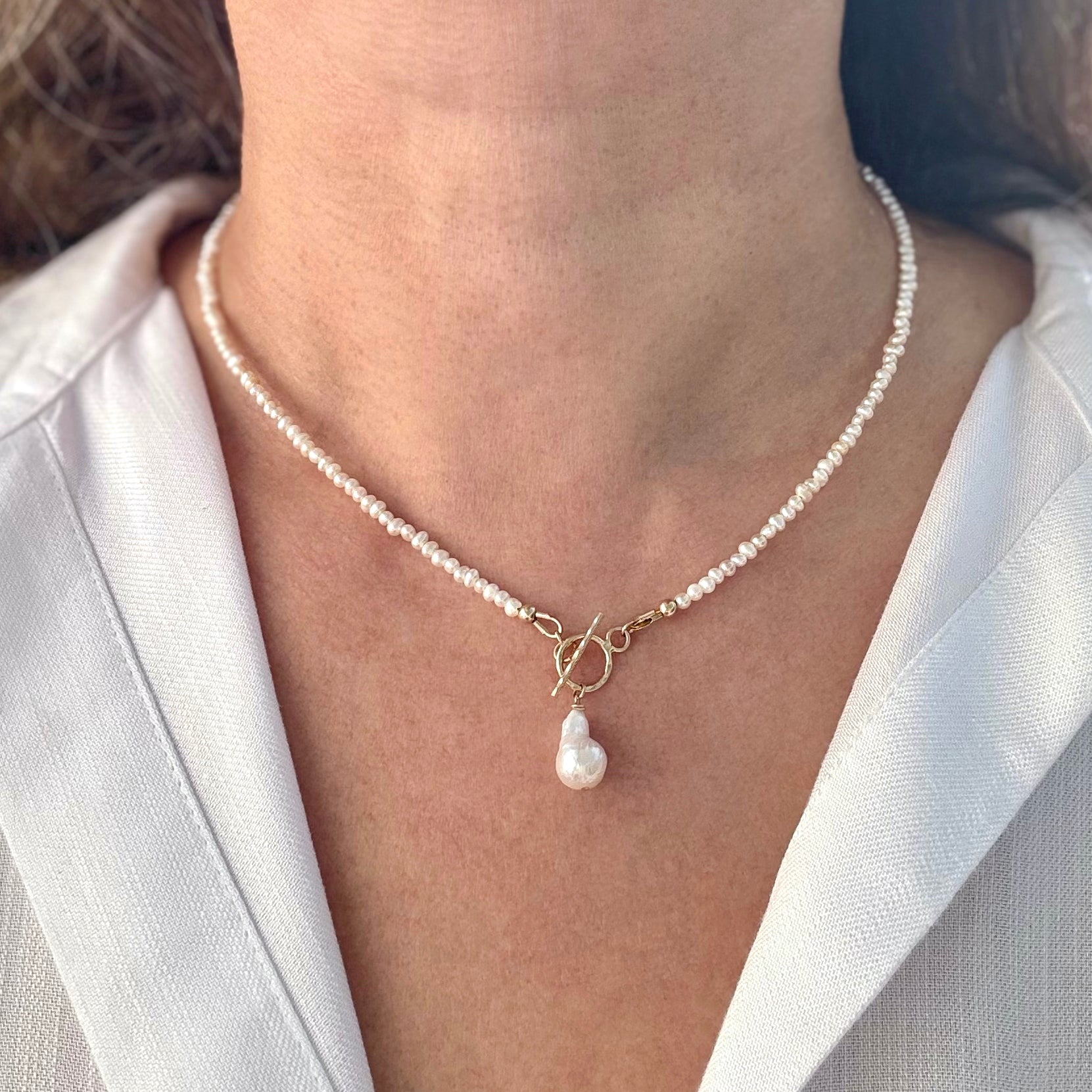 Gold Vermeil Pearl Toggle Front Clasp Necklace