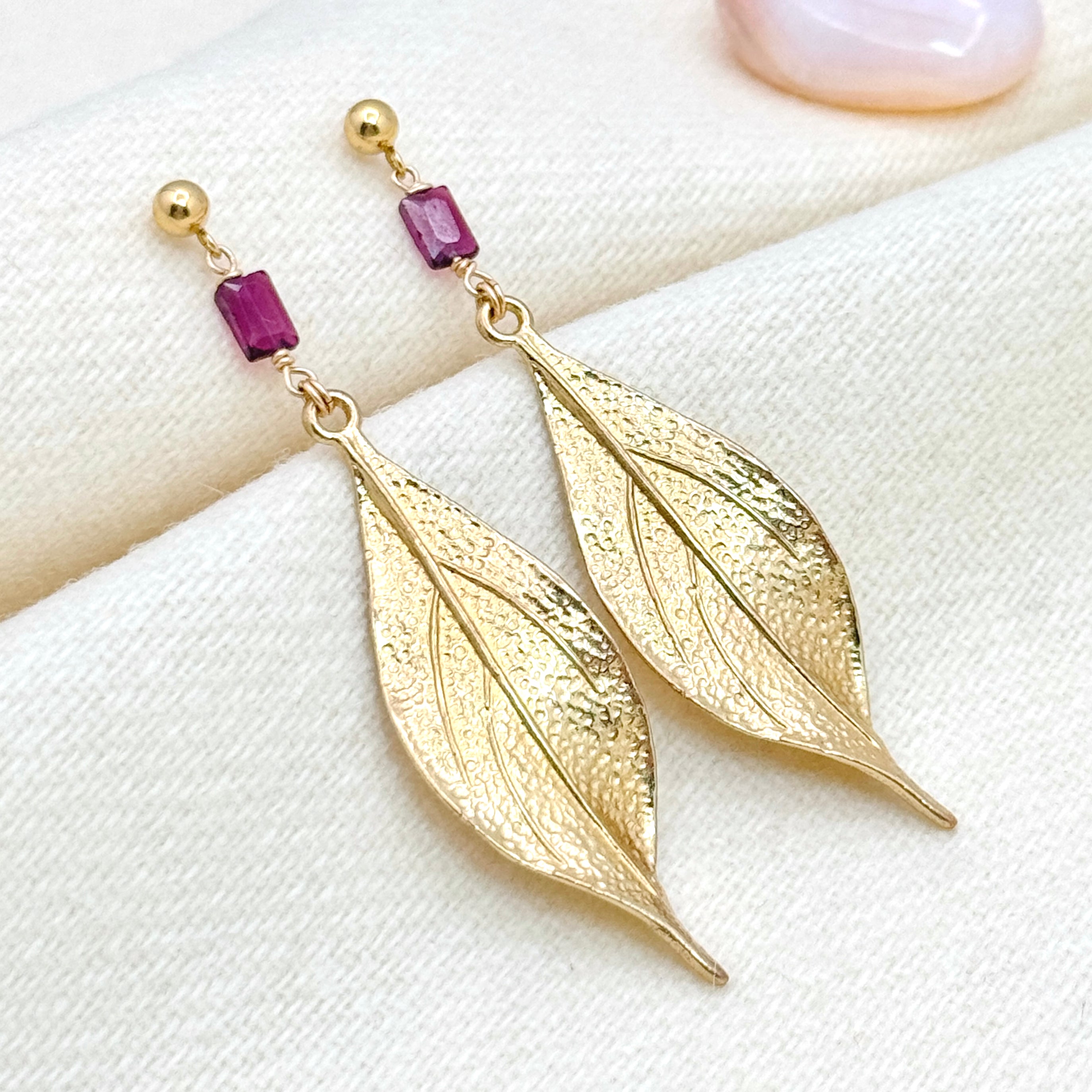 Garnet & Textured Leaf Statement Earrings