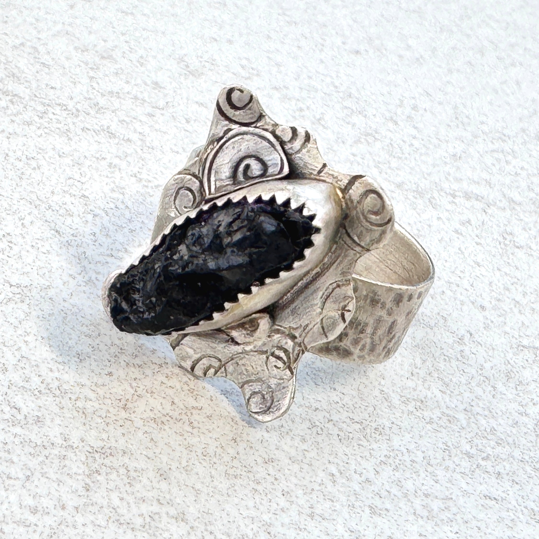 Black Rough Tourmaline Silver Statement Ring