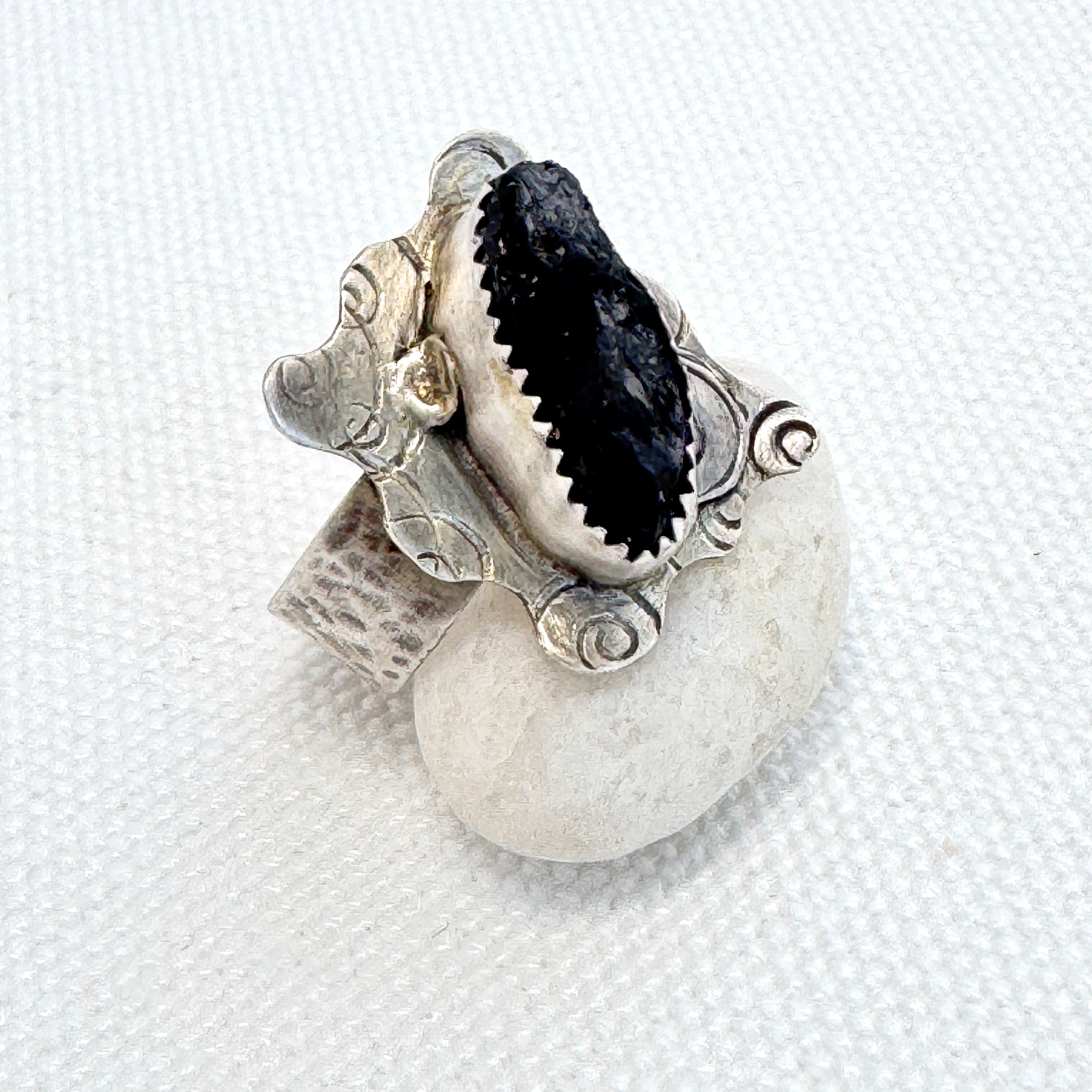 Black Rough Tourmaline Silver Statement Ring