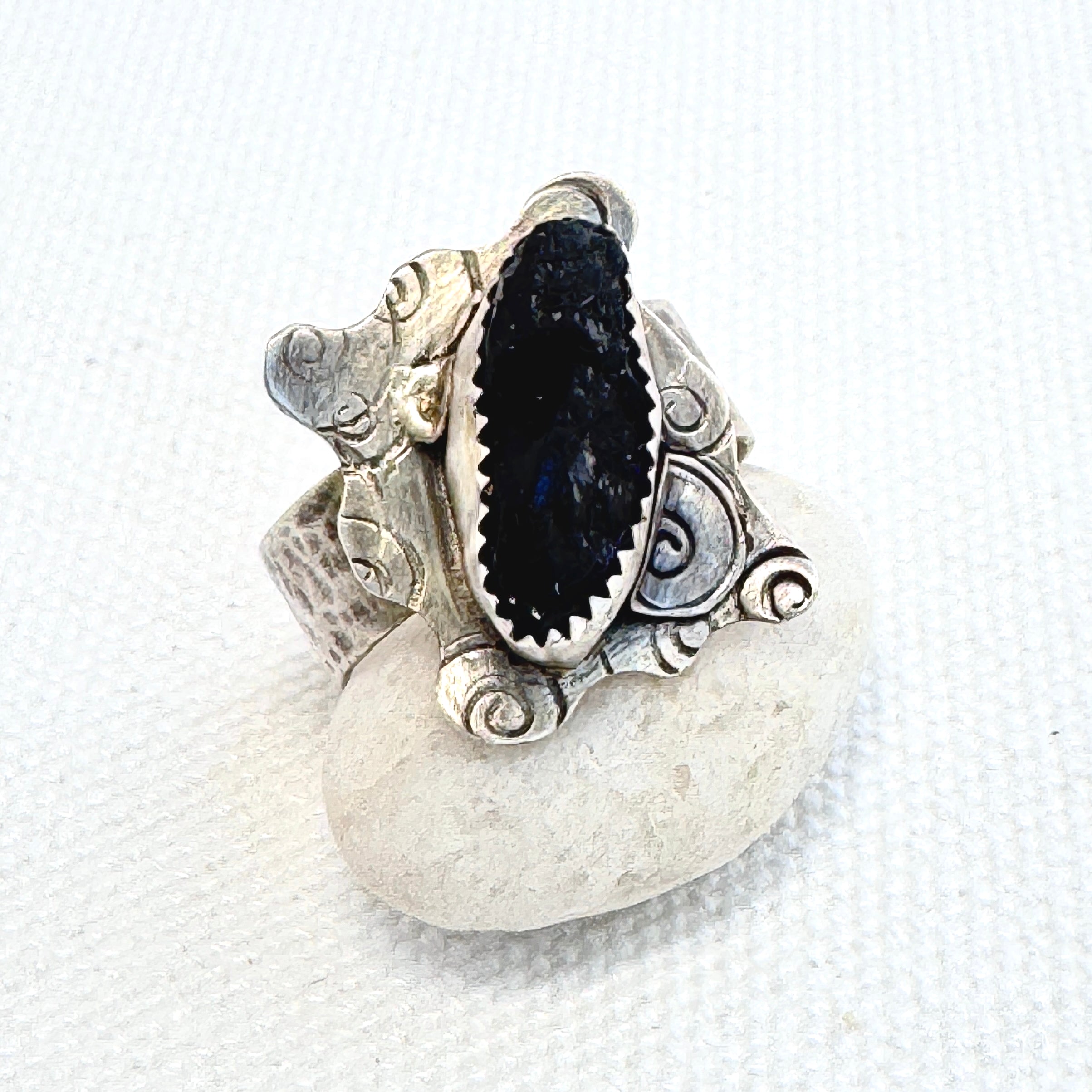 Black Rough Tourmaline Silver Statement Ring