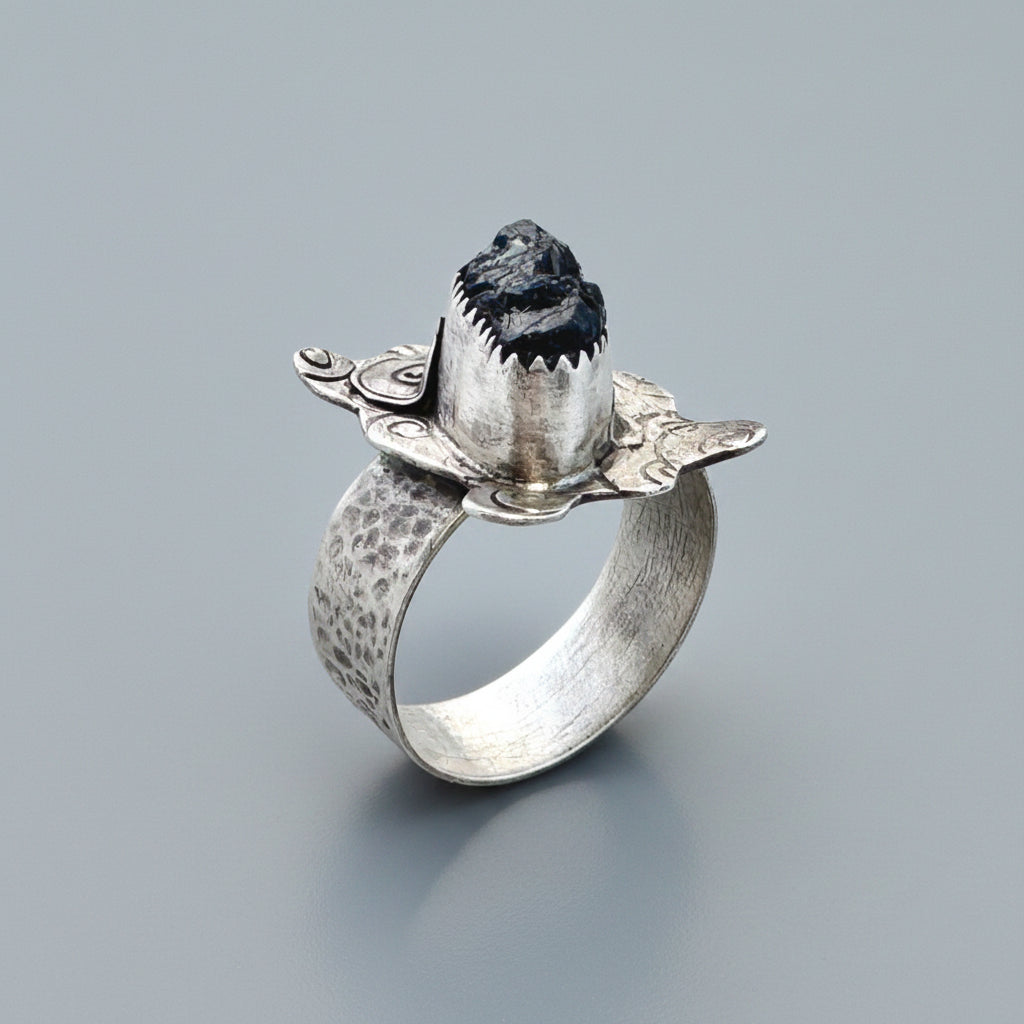 Black Rough Tourmaline Silver Statement Ring