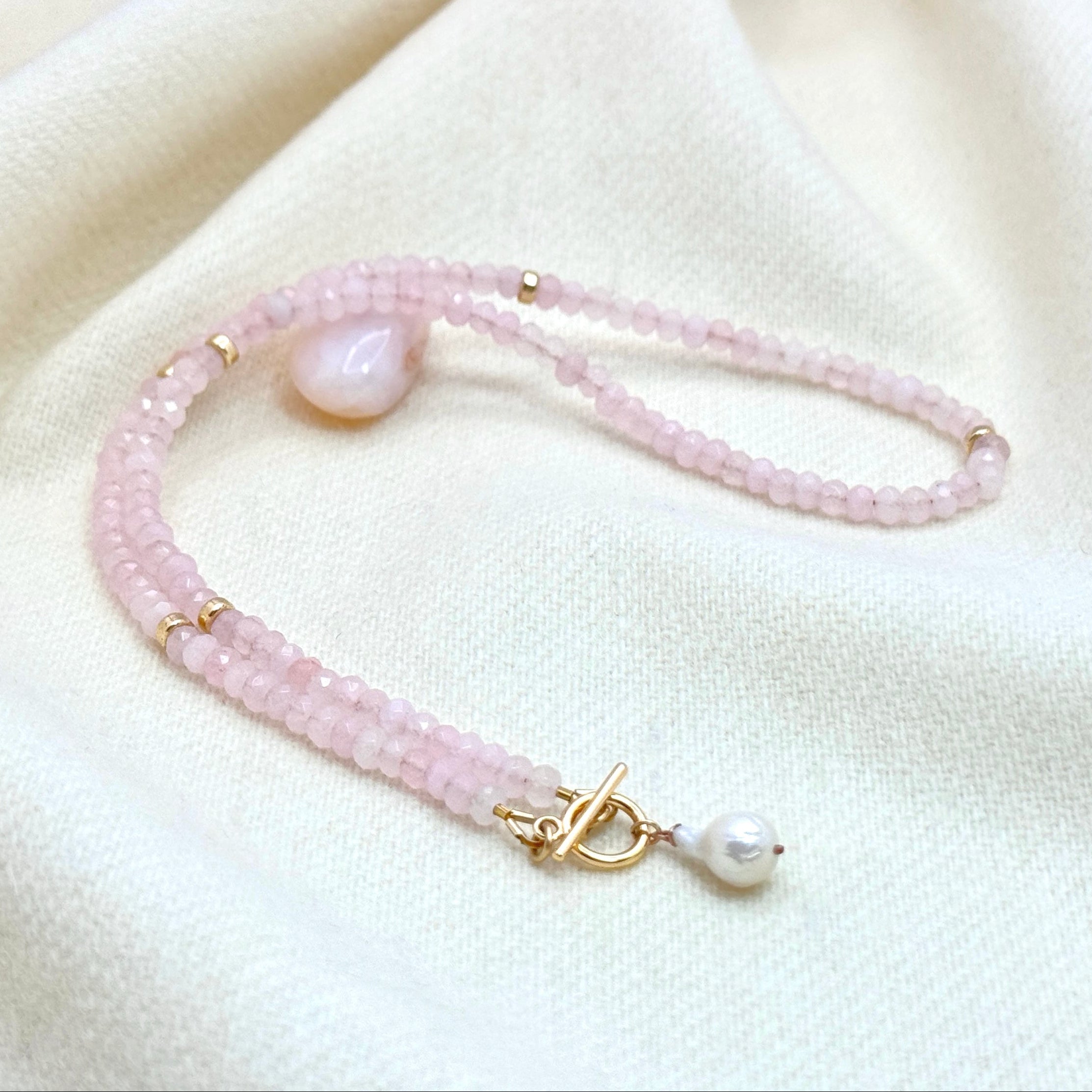 Rose Quartz & Baroque Pearl Toggle Necklace