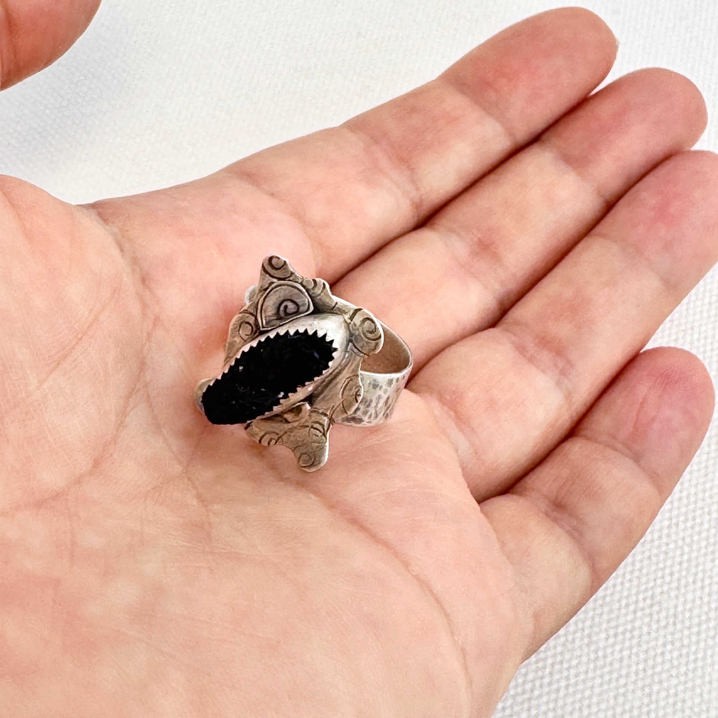 Black Rough Tourmaline Silver Statement Ring