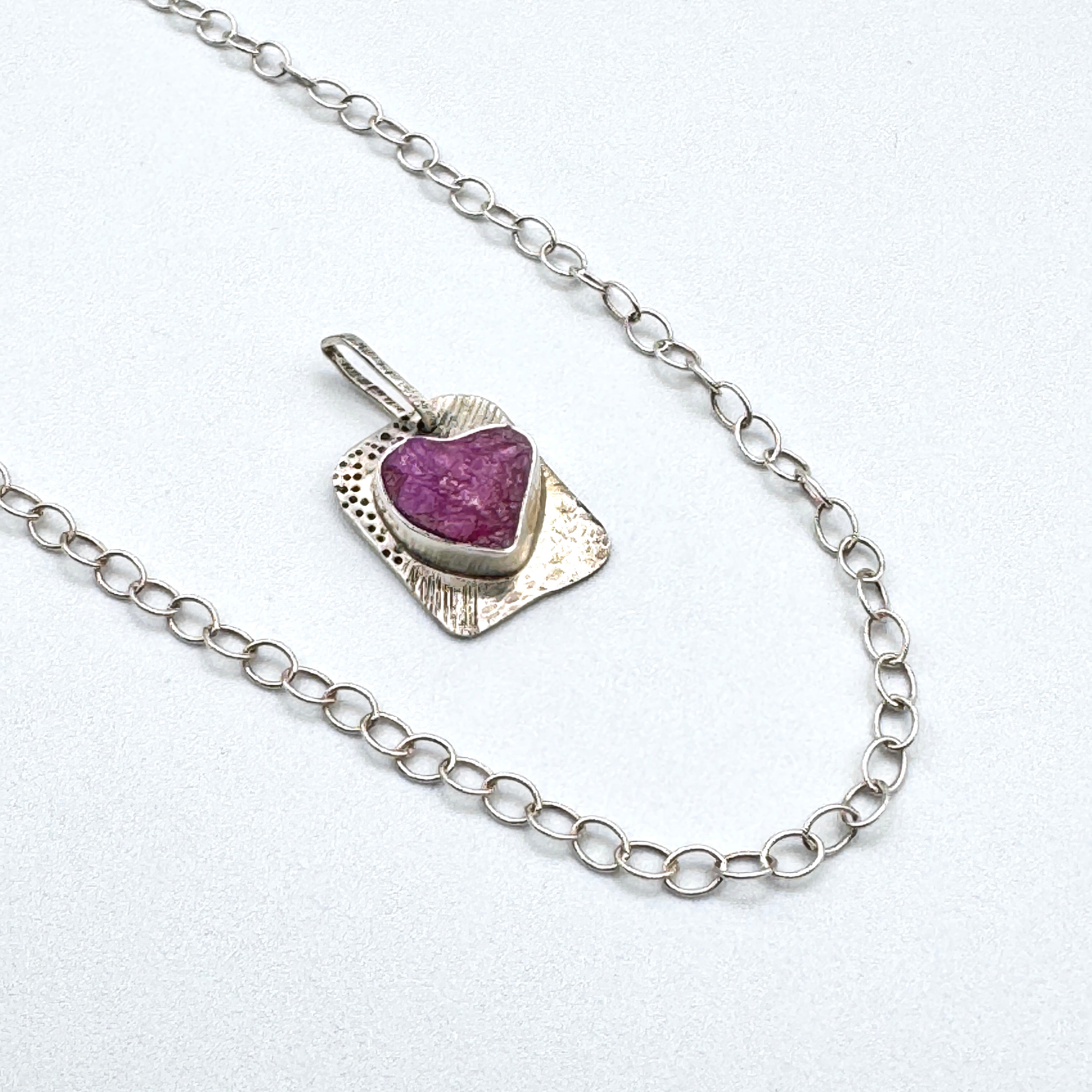 Rough Ruby Heart Silver Pendant Necklace