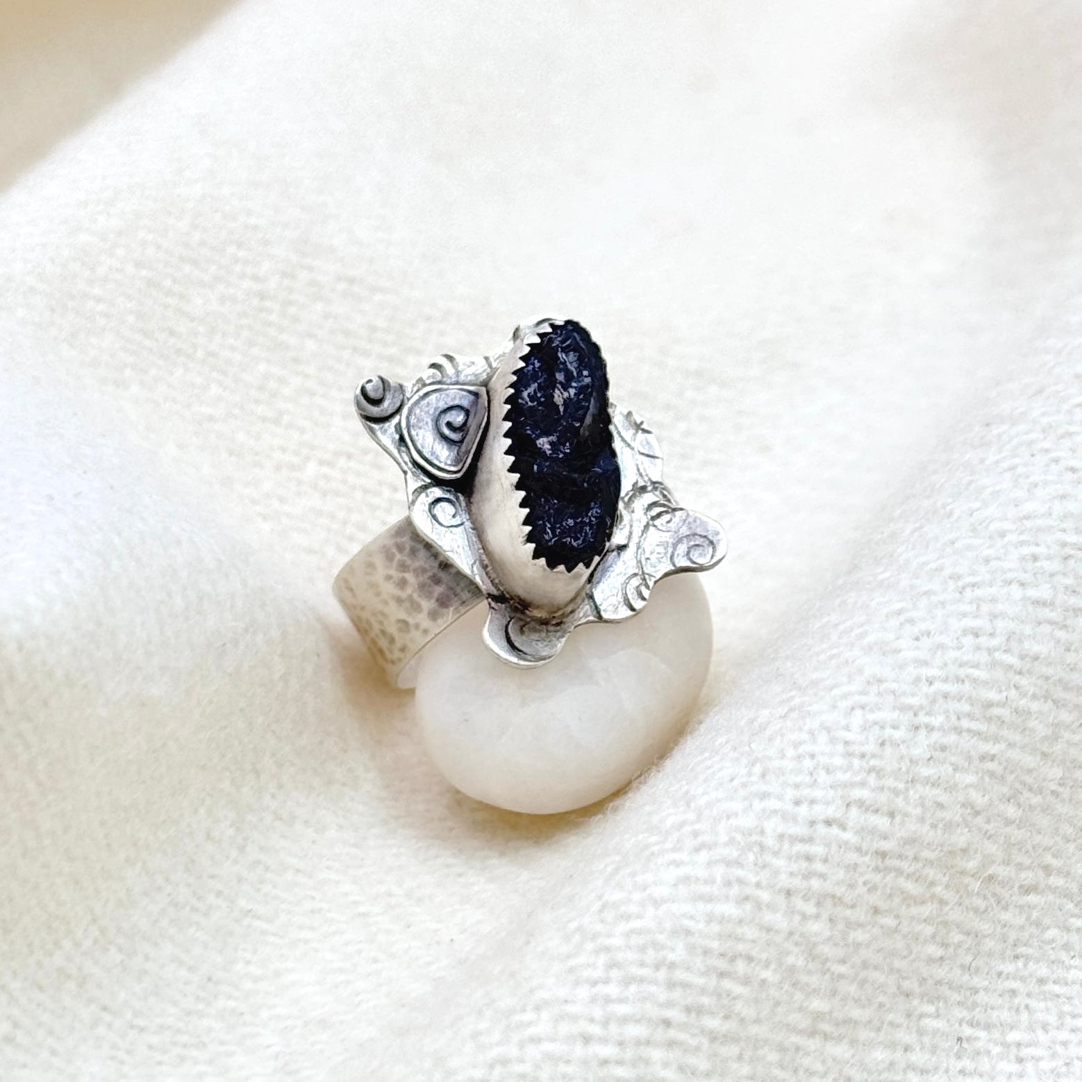 Black Rough Tourmaline Silver Statement Ring