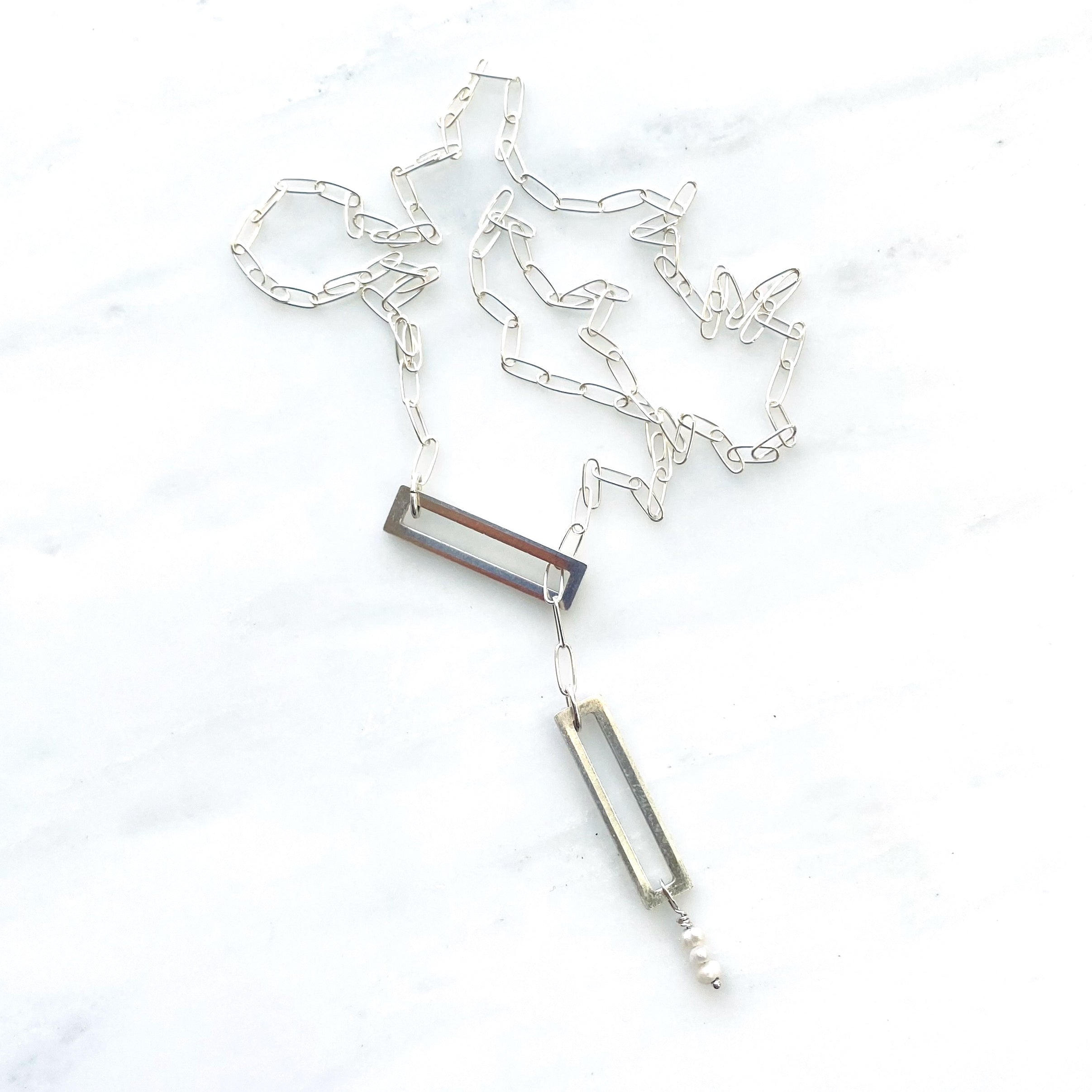 Sterling Silver Paperclip Lariat Pearl Necklace