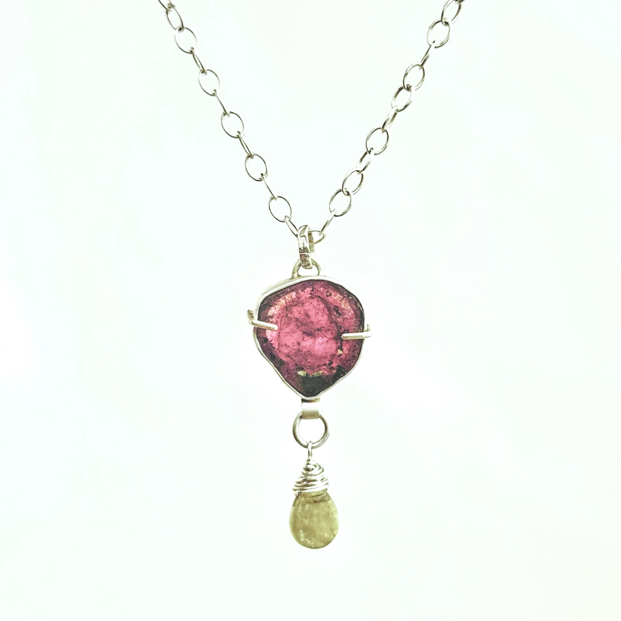 Watermelon Tourmaline Silver Pendant Necklace