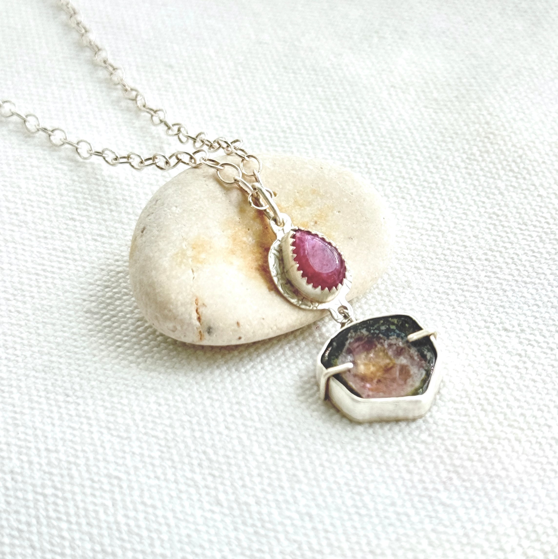 Watermelon Tourmaline Duo Pendant Necklace