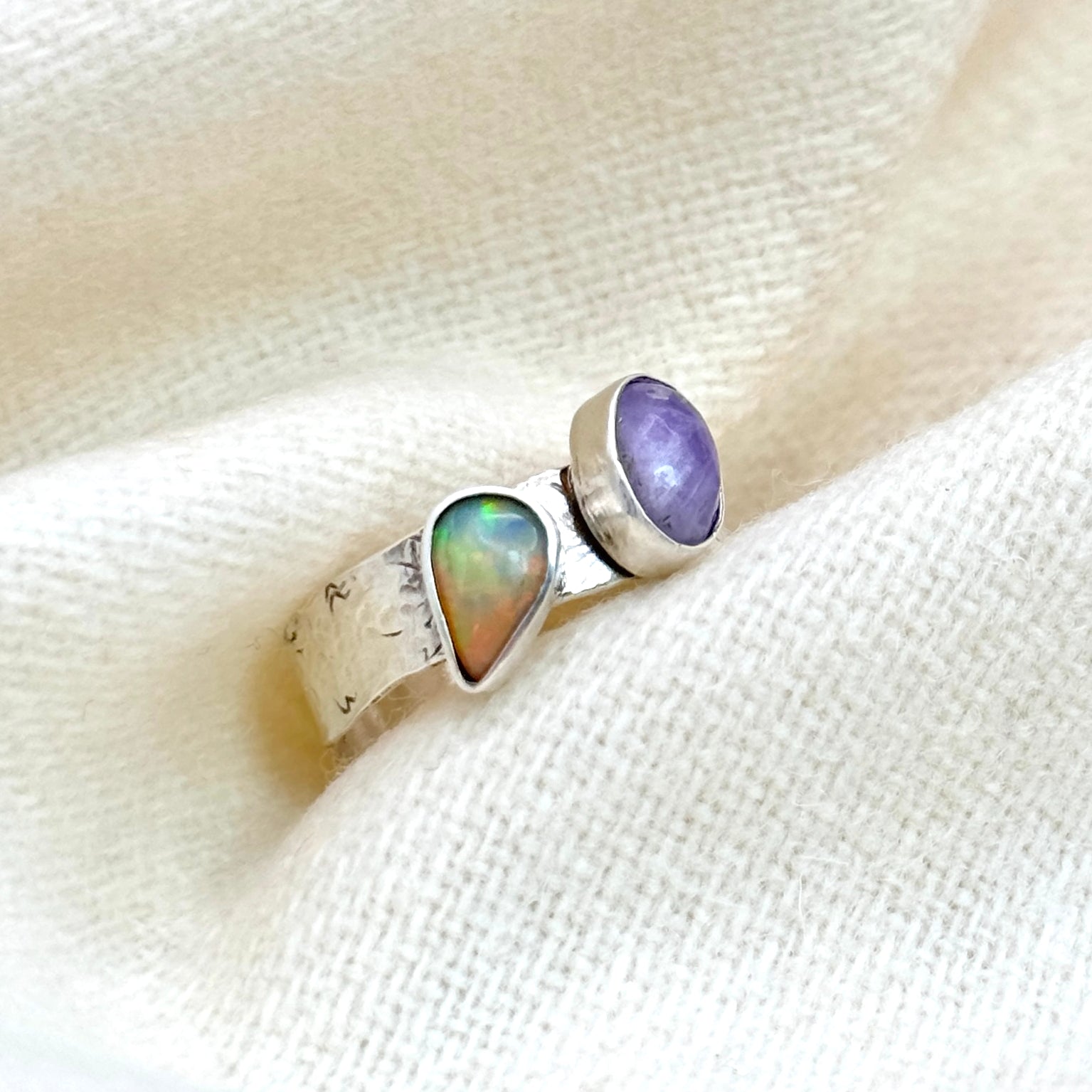 Ethiopian Fire Opal & Amethyst Silver Ring