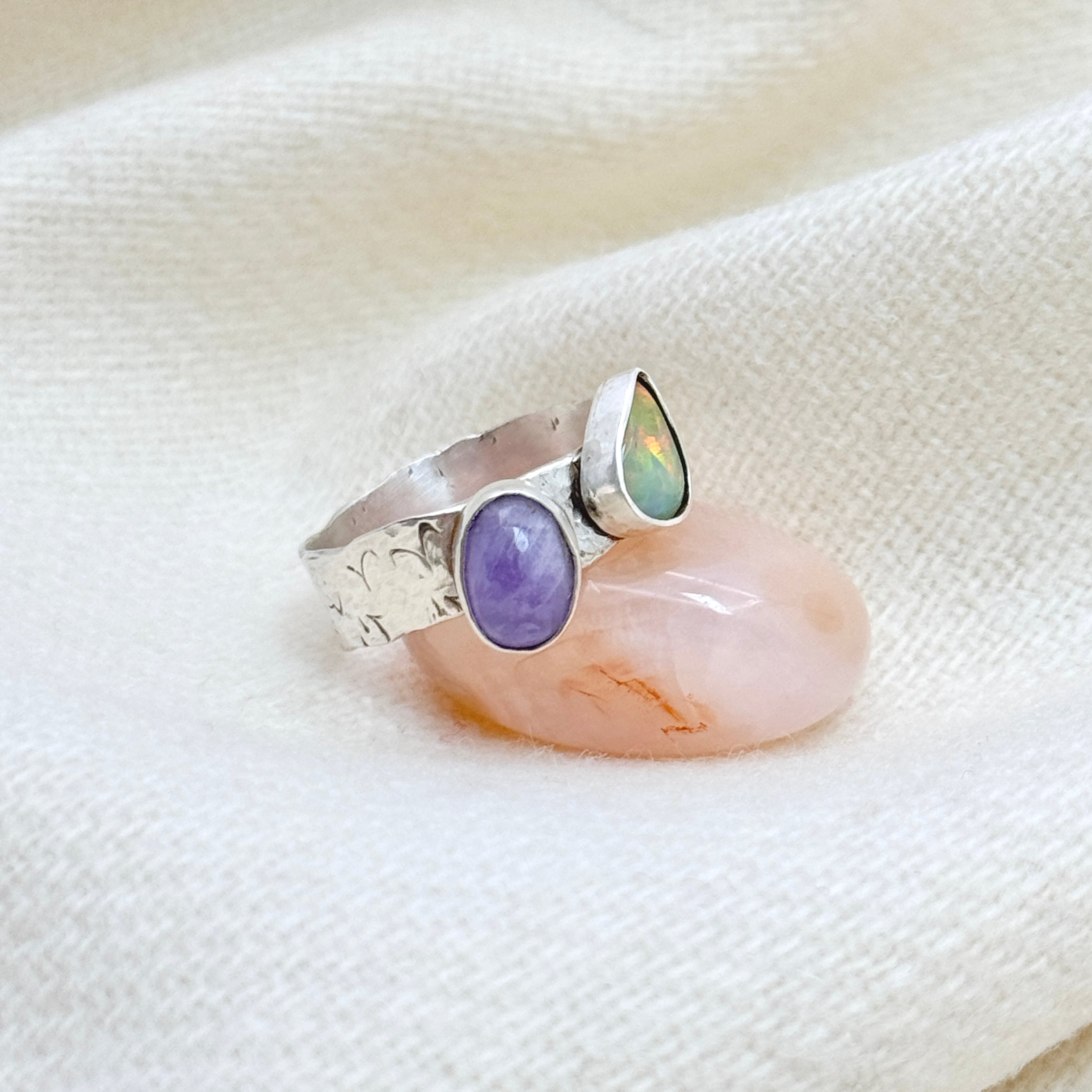 Ethiopian Fire Opal & Amethyst Silver Ring