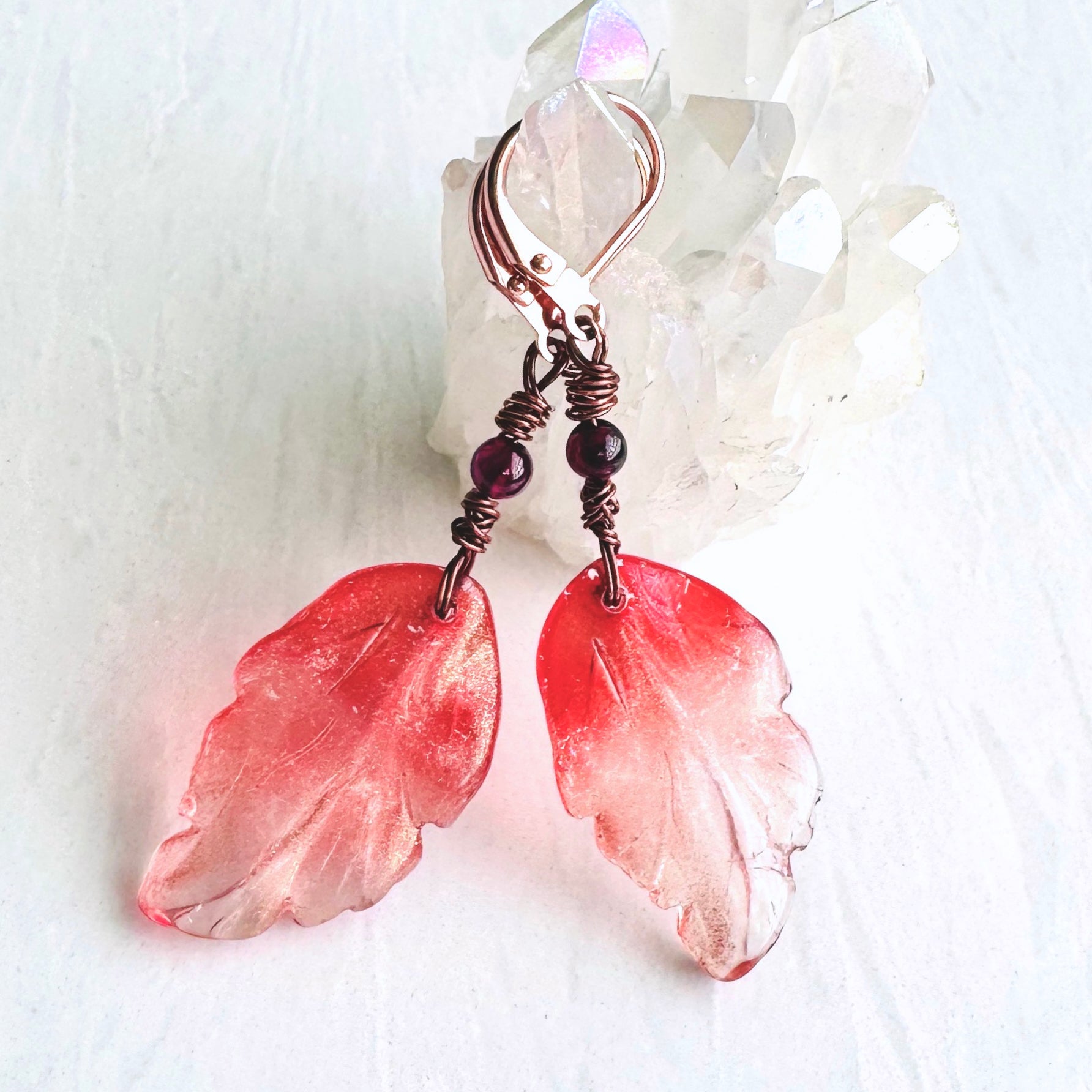 Copper Autumn Leaf Garnet Drop Earrings