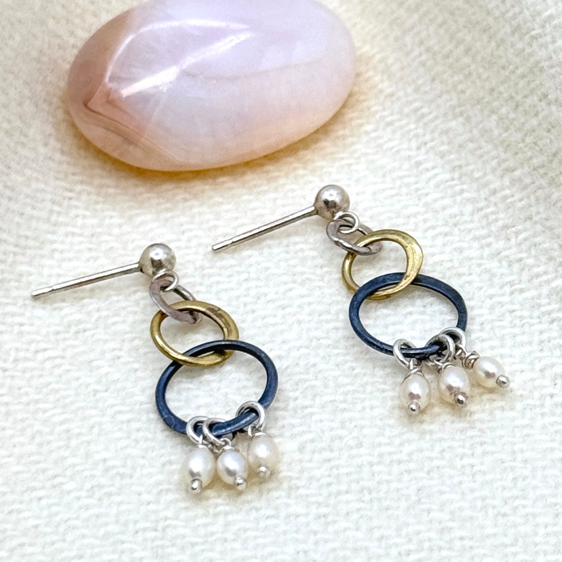 Tiny White Pearl Mixed Metal Drop Earrings