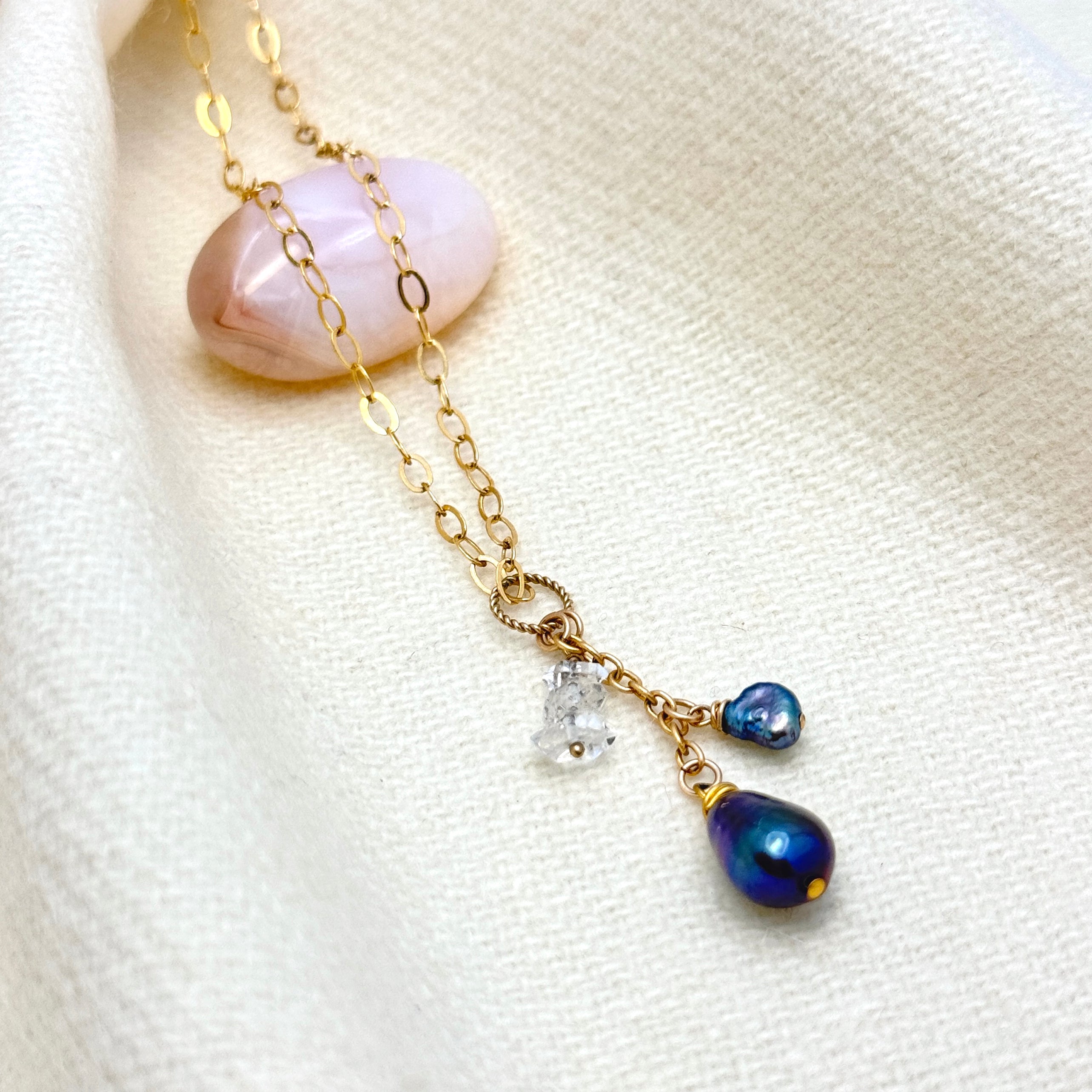 Peacock Pearl & Herkimer Diamond Y Necklace