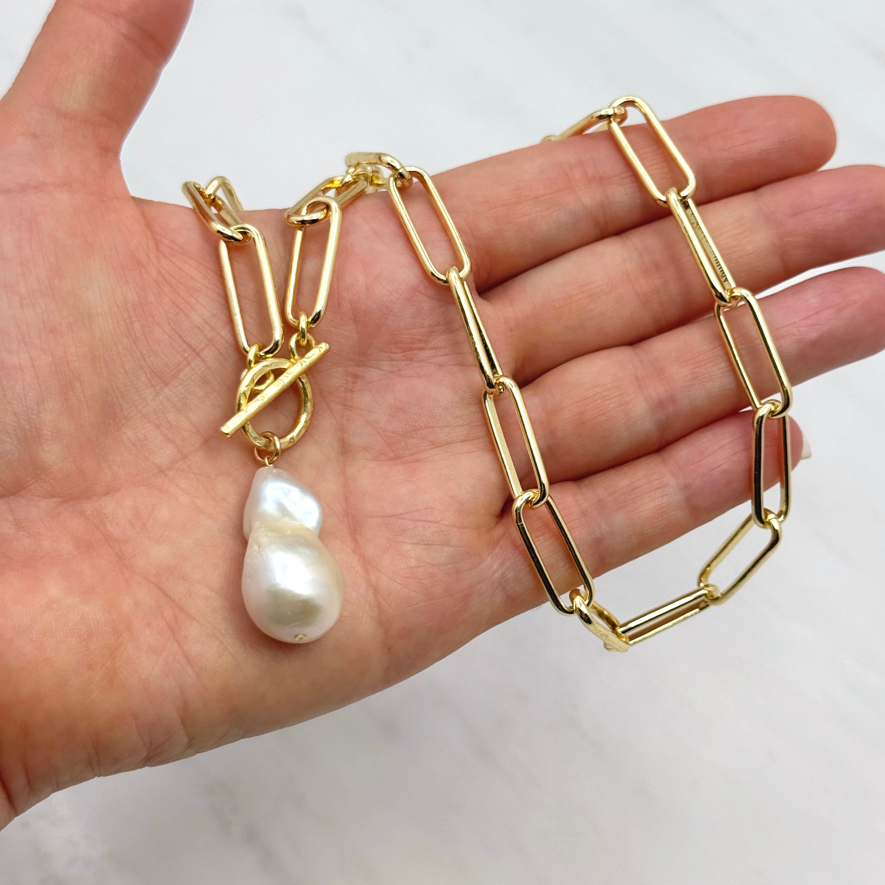 Large White Baroque Pearl Toggle Necklace