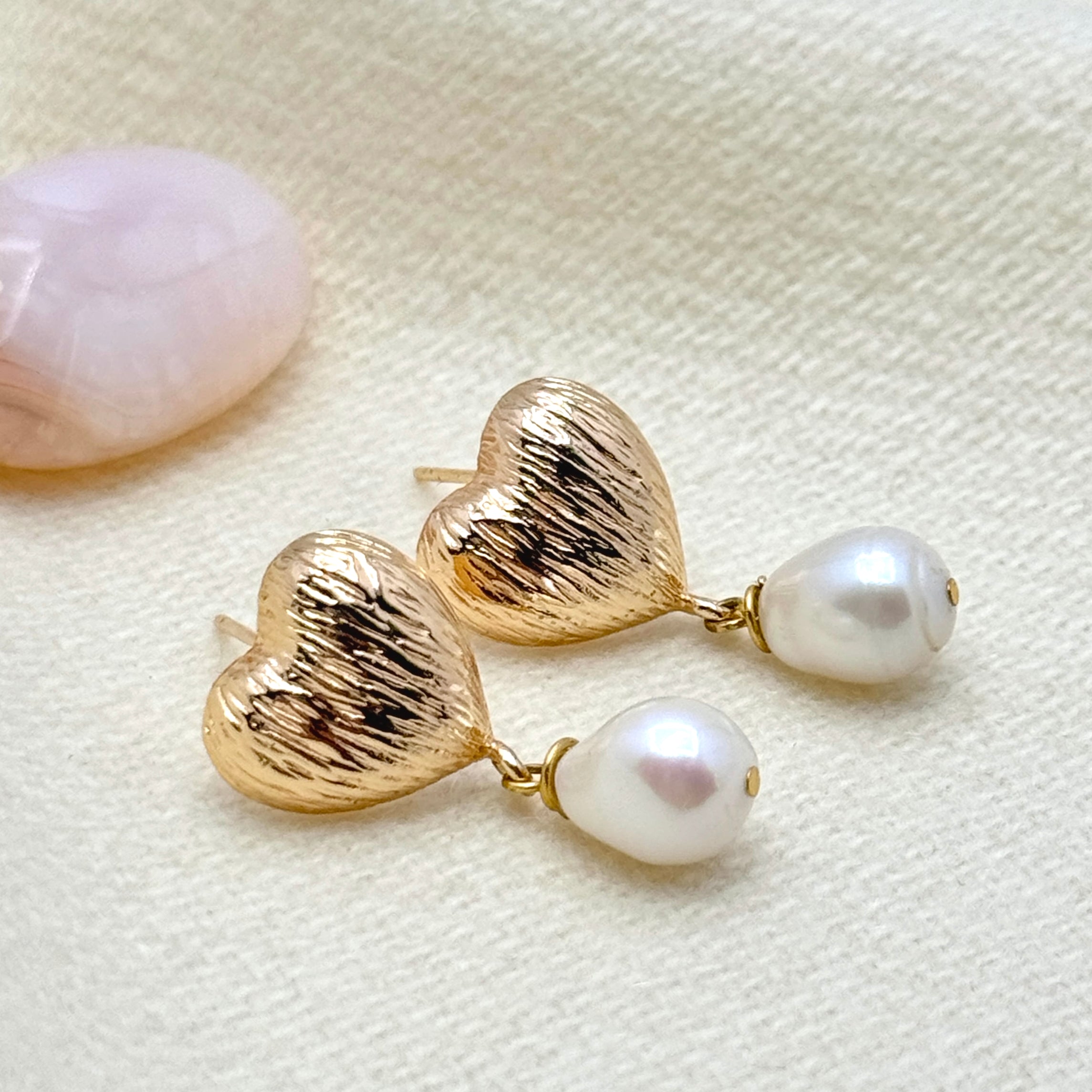 Gold Textured Heart & Pearl Drop Earrings