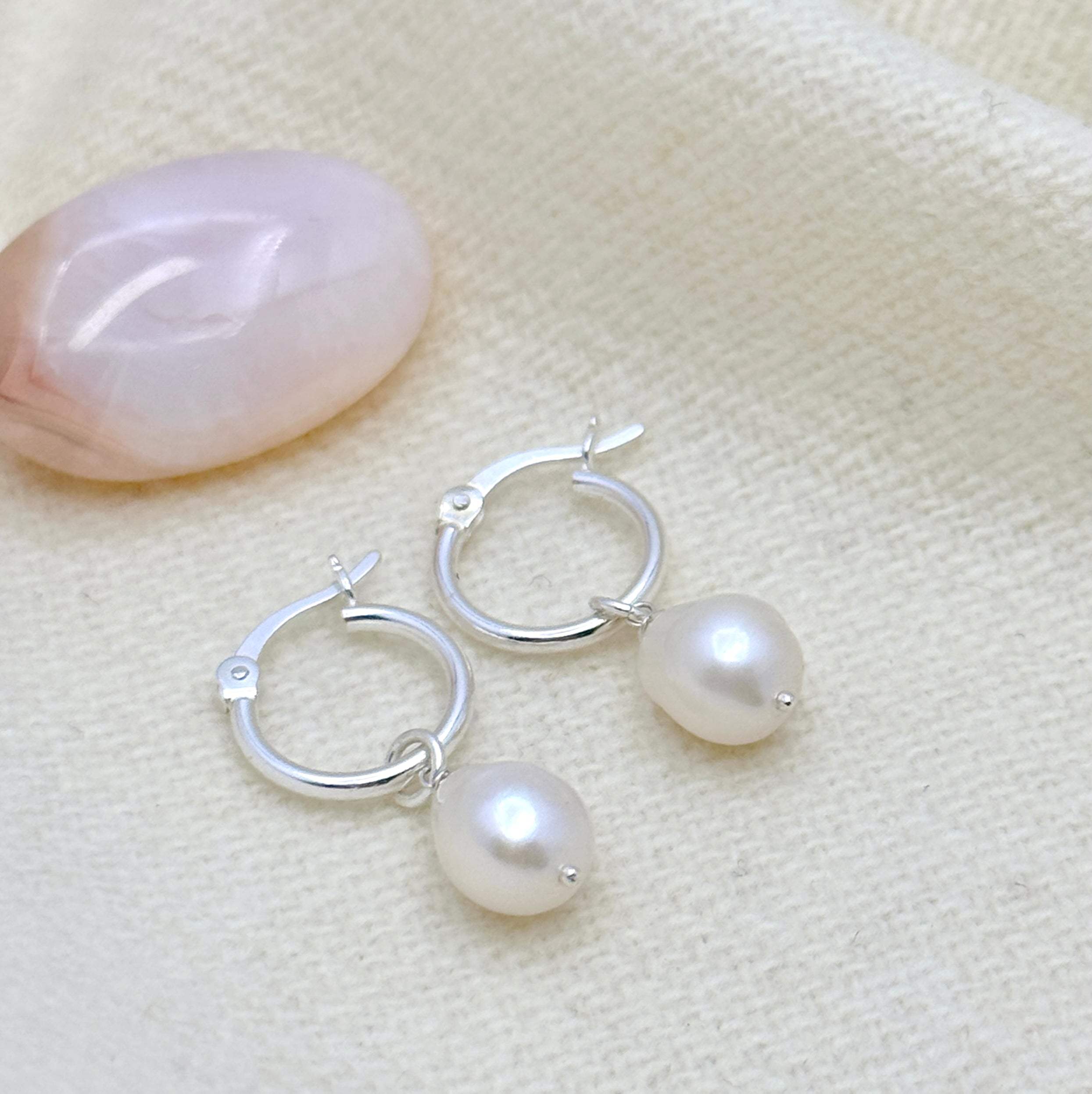 Pearl Huggie Hoop Sterling Silver Earrings