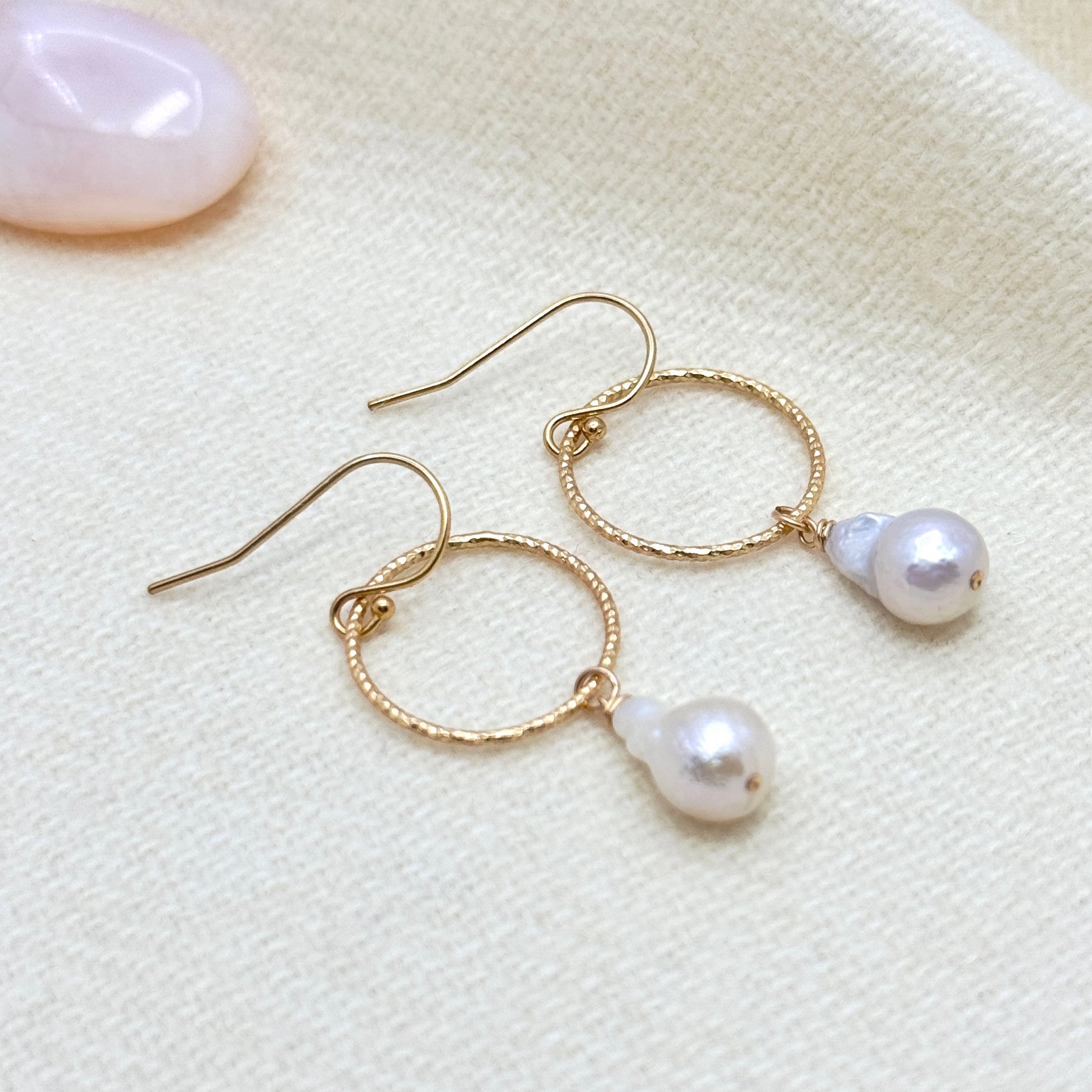White Baroque Pearl & Gold Circle Earrings