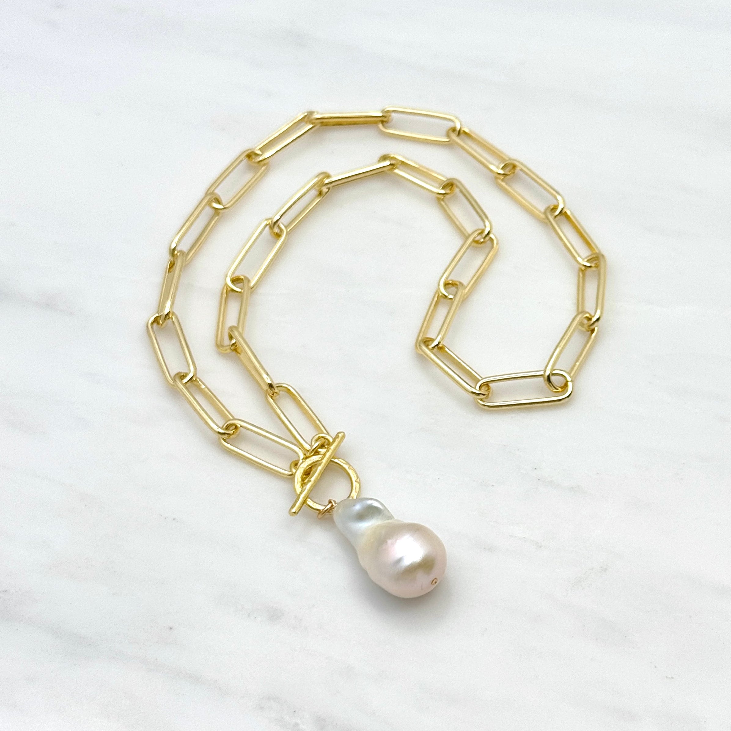 Large White Baroque Pearl Toggle Necklace