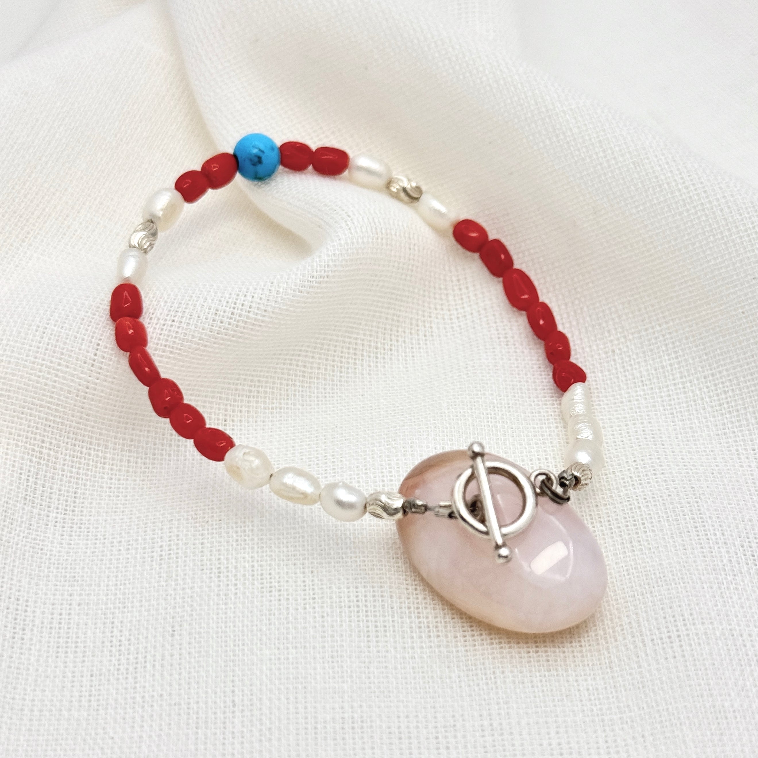 Turquoise, Coral & Pearl 925 Silver Bracelet
