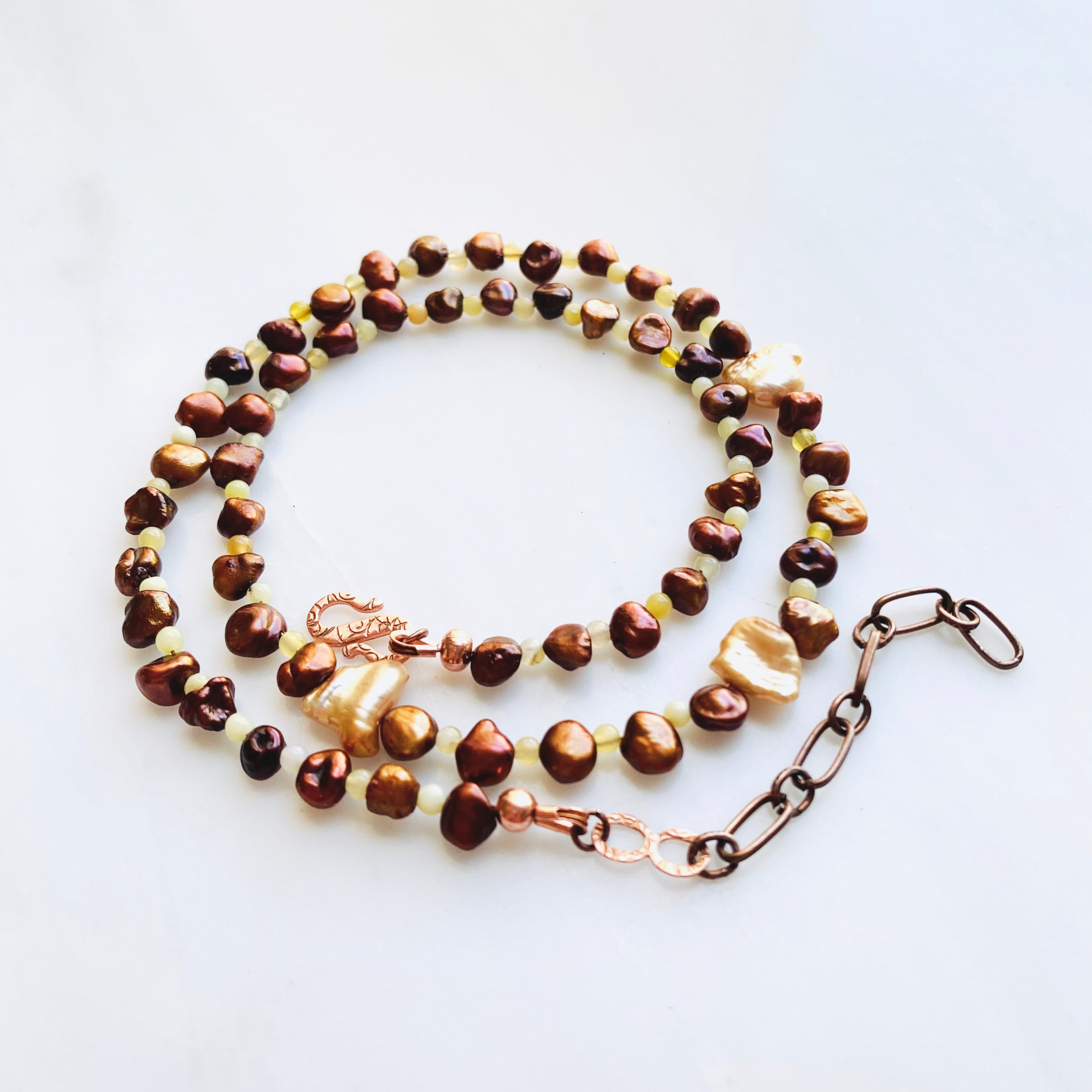 Copper Keishi Pearl & Yellow Opal Necklace