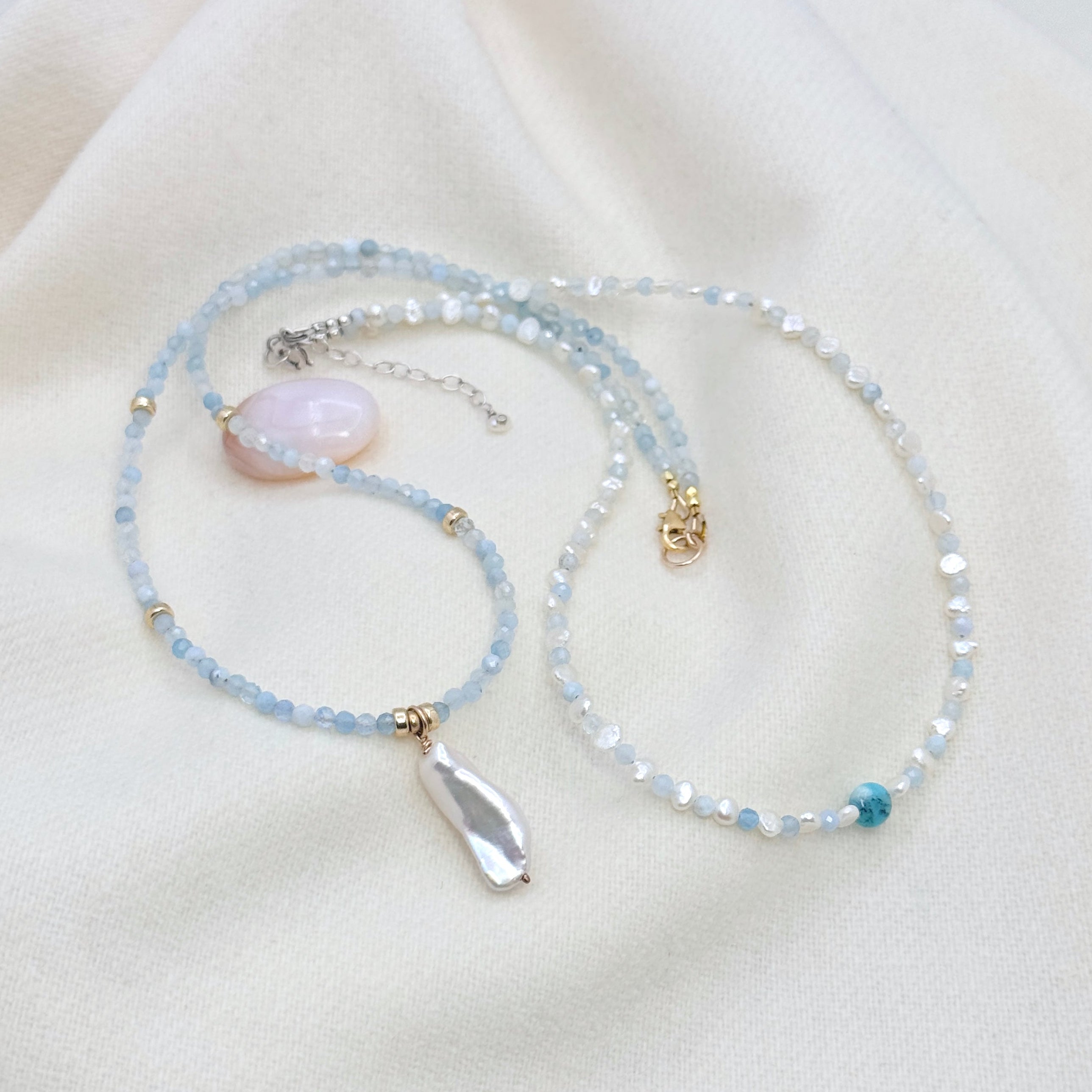 Small Freshwater Pearl & Aquamarine Choker