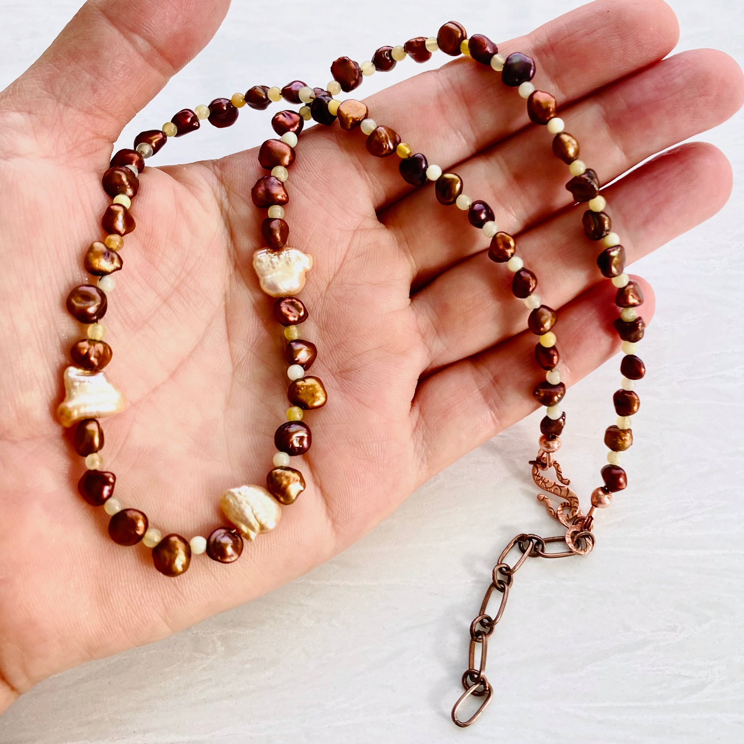 Copper Keishi Pearl & Yellow Opal Necklace