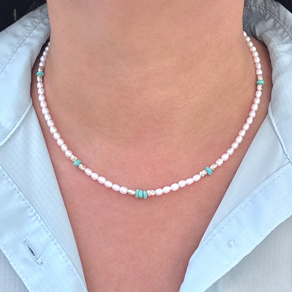 Pearl, Campitos Turquoise, & Silver Necklace