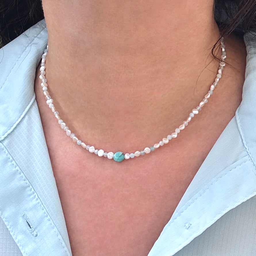 Small Freshwater Pearl & Aquamarine Choker