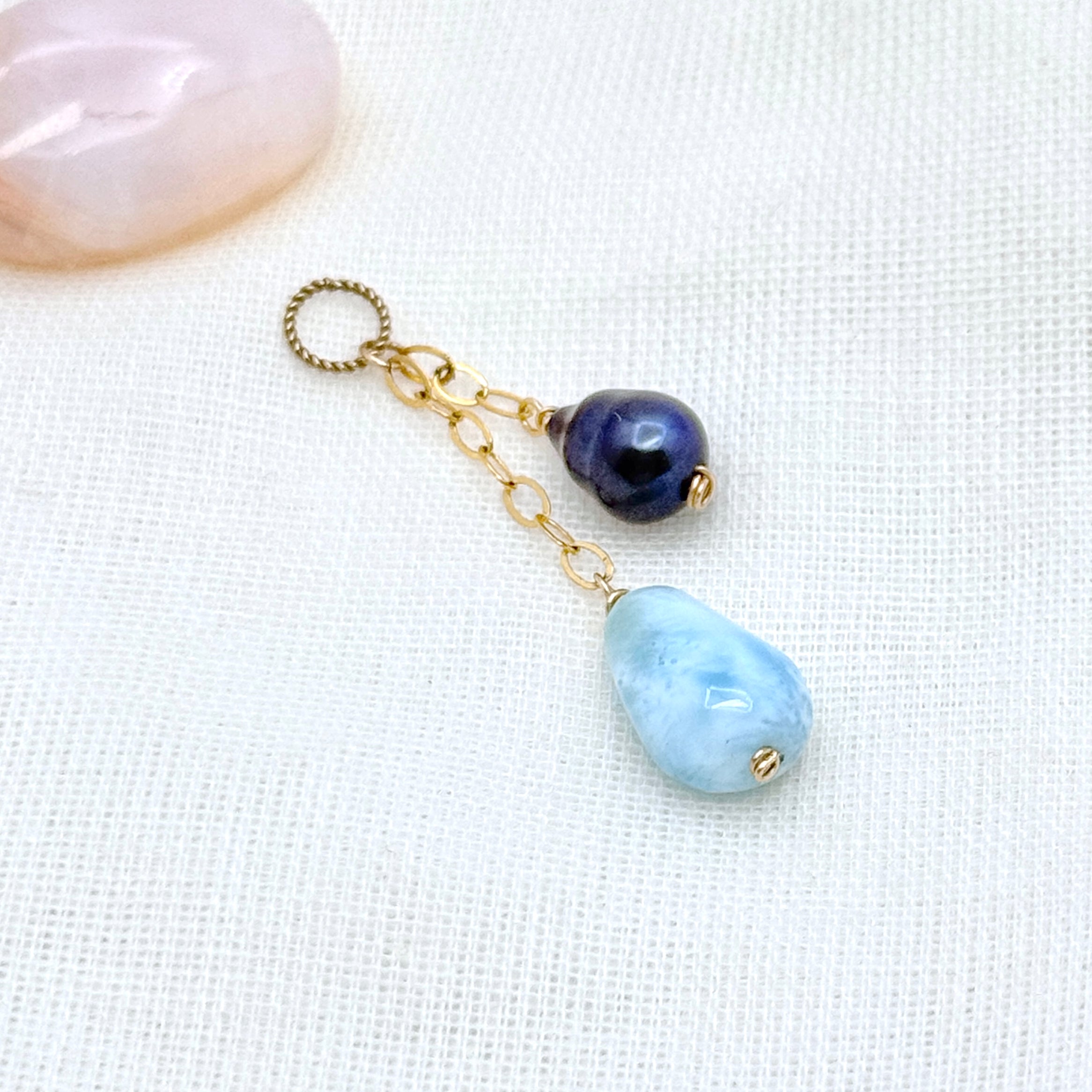 Larimar and Pearl Gold Y Necklace with Charms