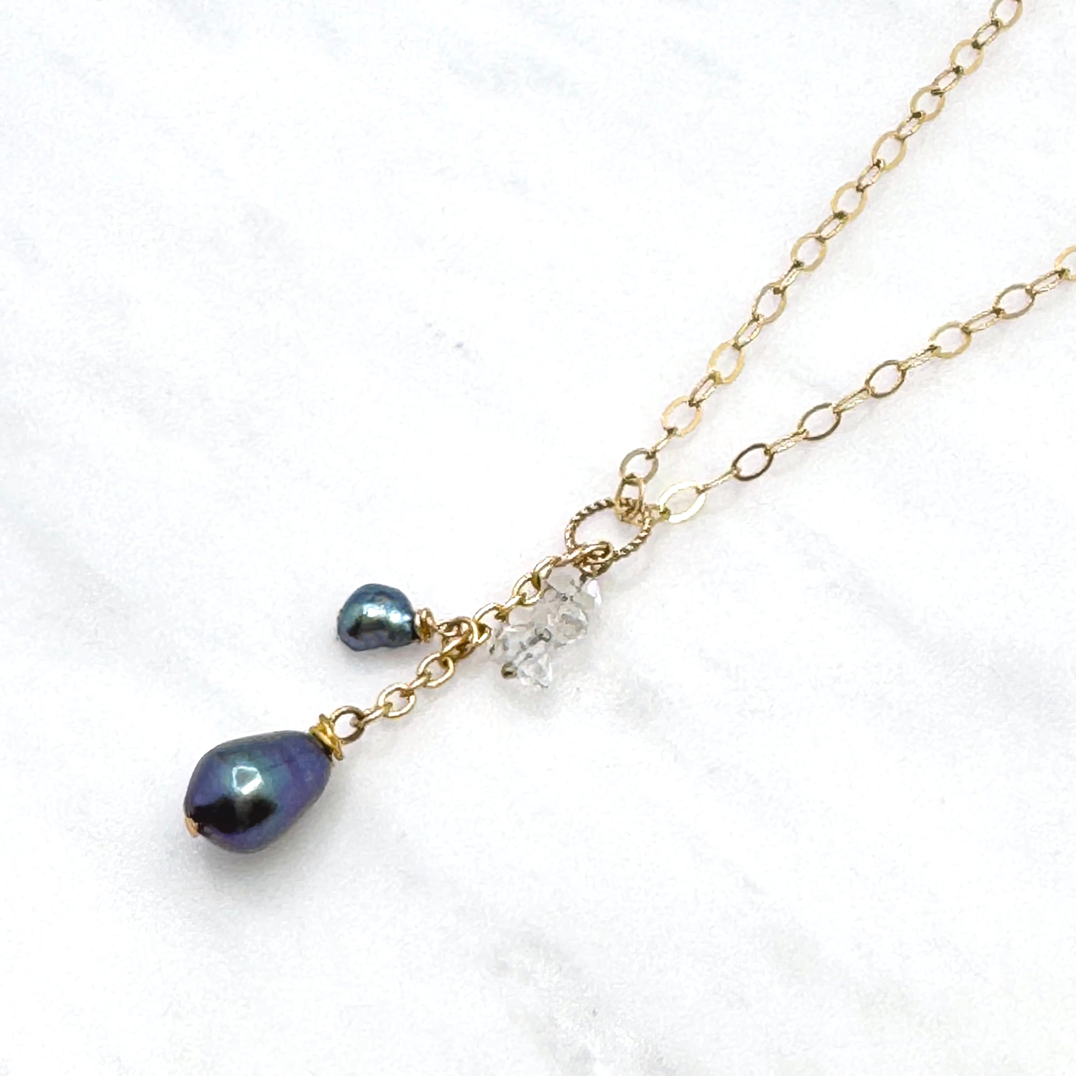 Peacock Pearl & Herkimer Diamond Y Necklace