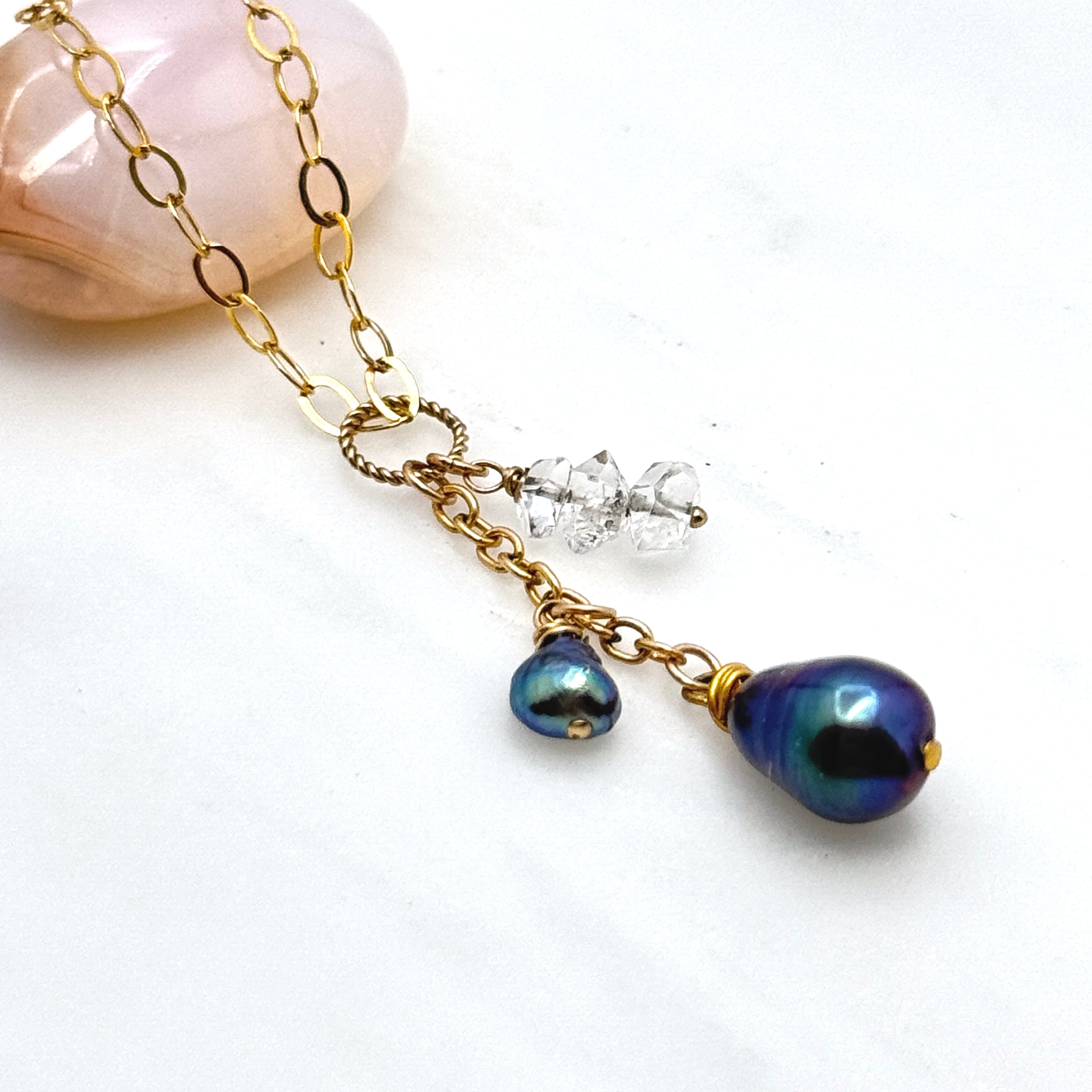 Peacock Pearl & Herkimer Diamond Y Necklace